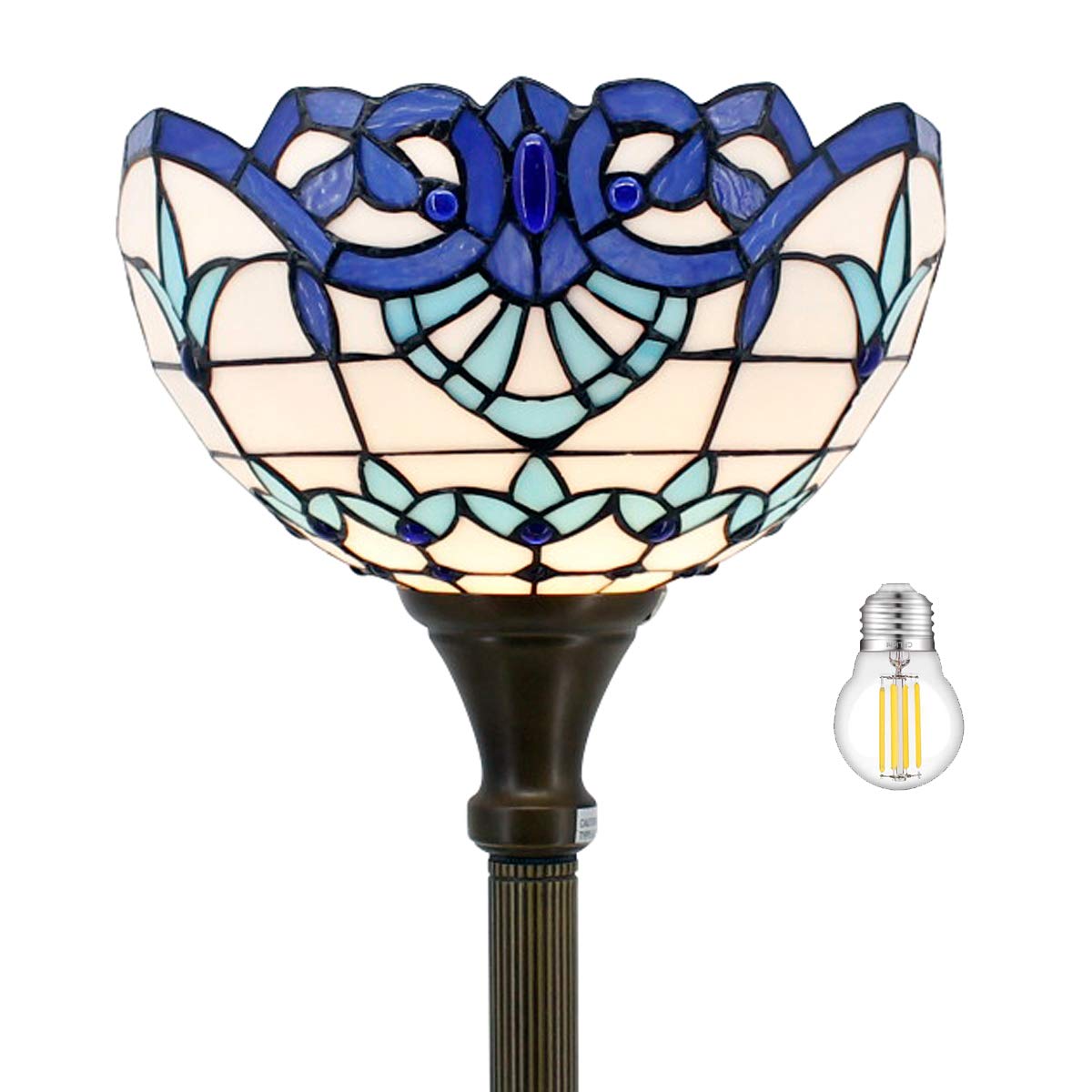 WERFACTORY Tiffany Floor Lamp Navy Blue Baroque Stained Glass Light 12X12X71 Inches Pole Torchiere Standing Corner Torch Uplight
