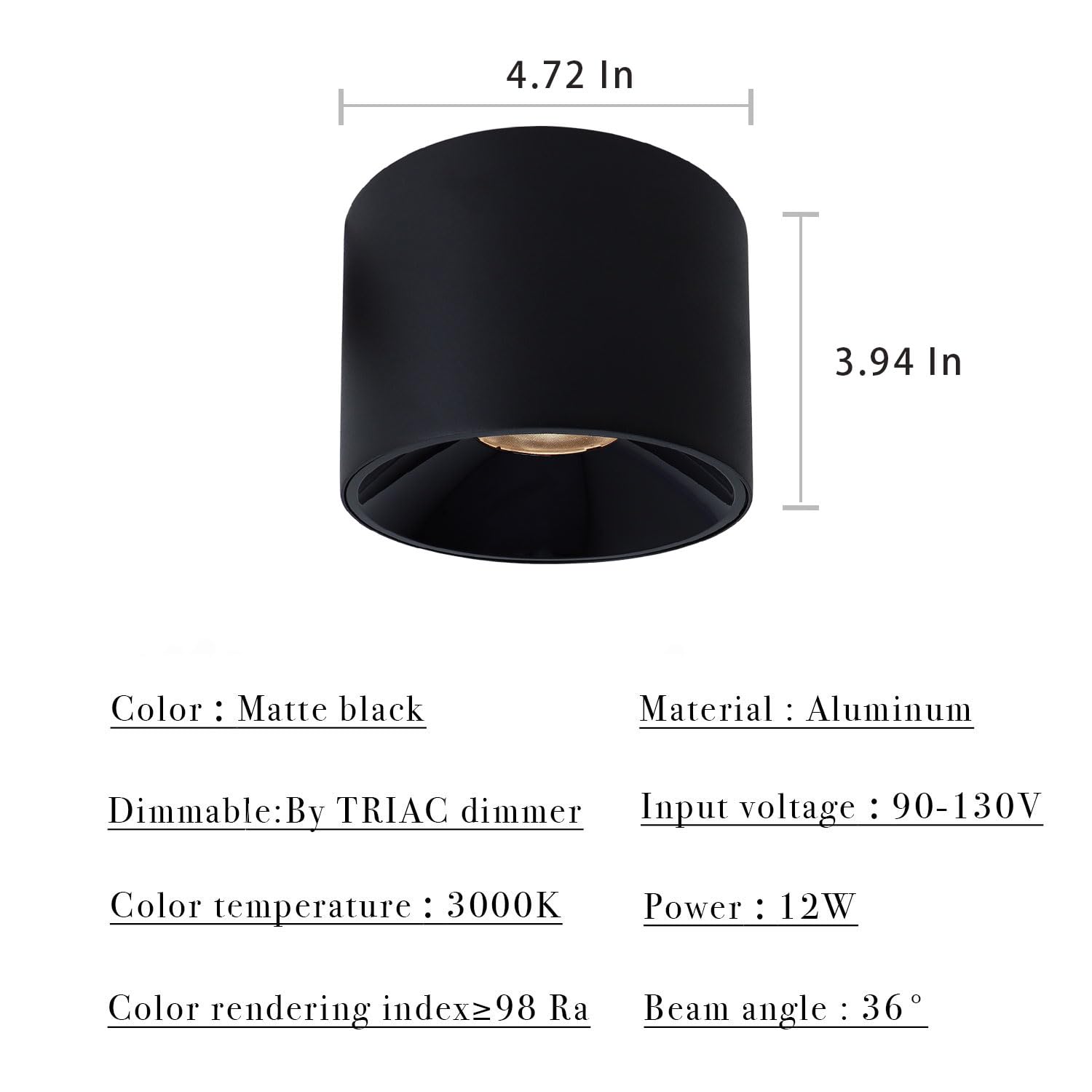 Marknice Led Dimmable Ceiling Spot Light Aluminum Matte Black 4.72'' Cylinder Spotlight Indoor Modern Minimalist Focus Ceiling Down Light Fixture For Living Room Hallway Foyer Cri 98 12W 3000K