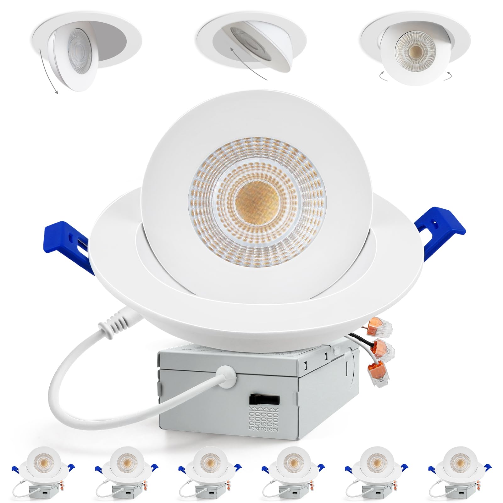 Adetu 6 Inch 360+90 Adjustable Directional Gimbal LED Recessed Lights, 5CCT Dimmable Retrofit Eyeball Can Recessed Lights with J