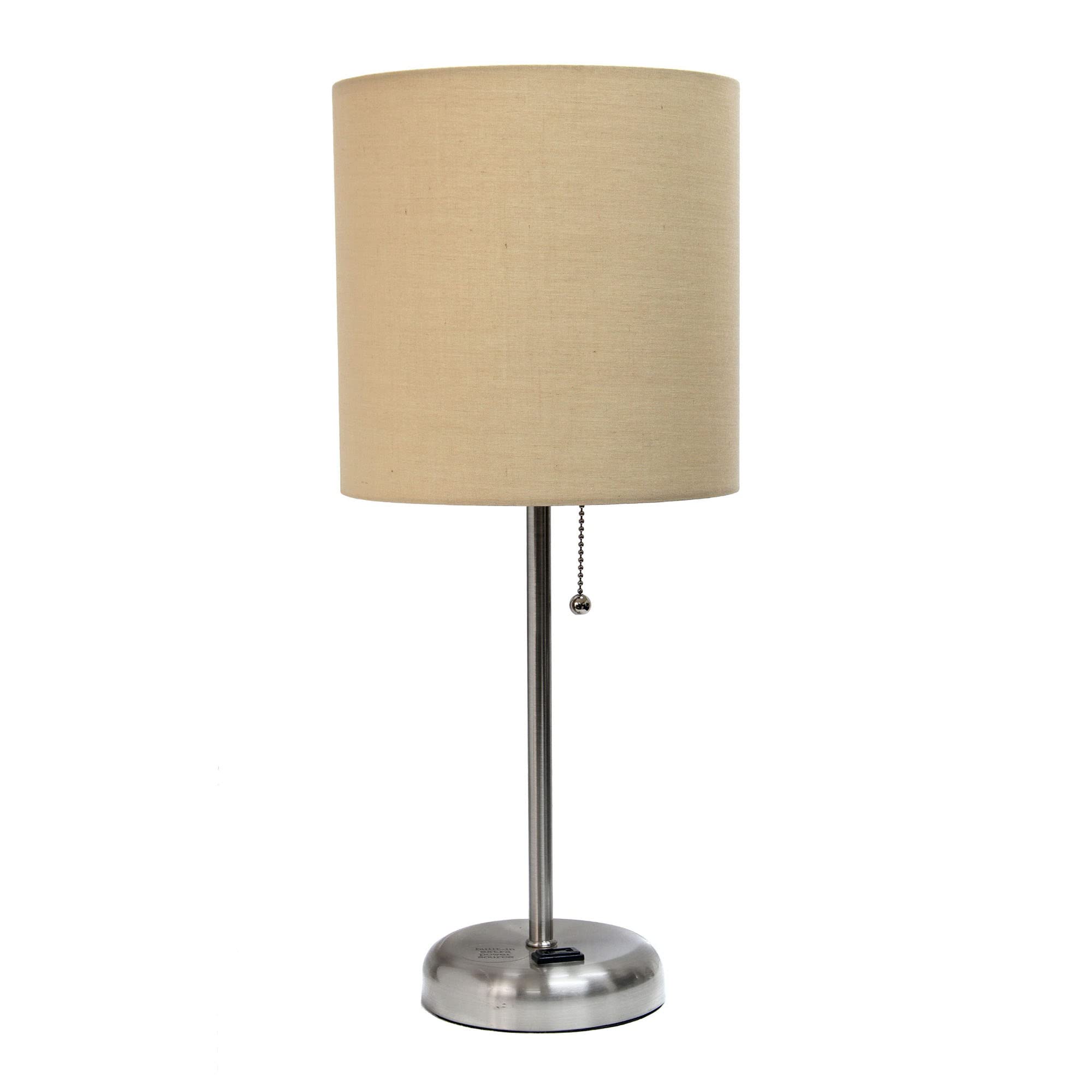 Creekwood Home 19.5&quot; Metal Table Lamp With Power Outlet, Brushed Steel & Tan Drum Shade