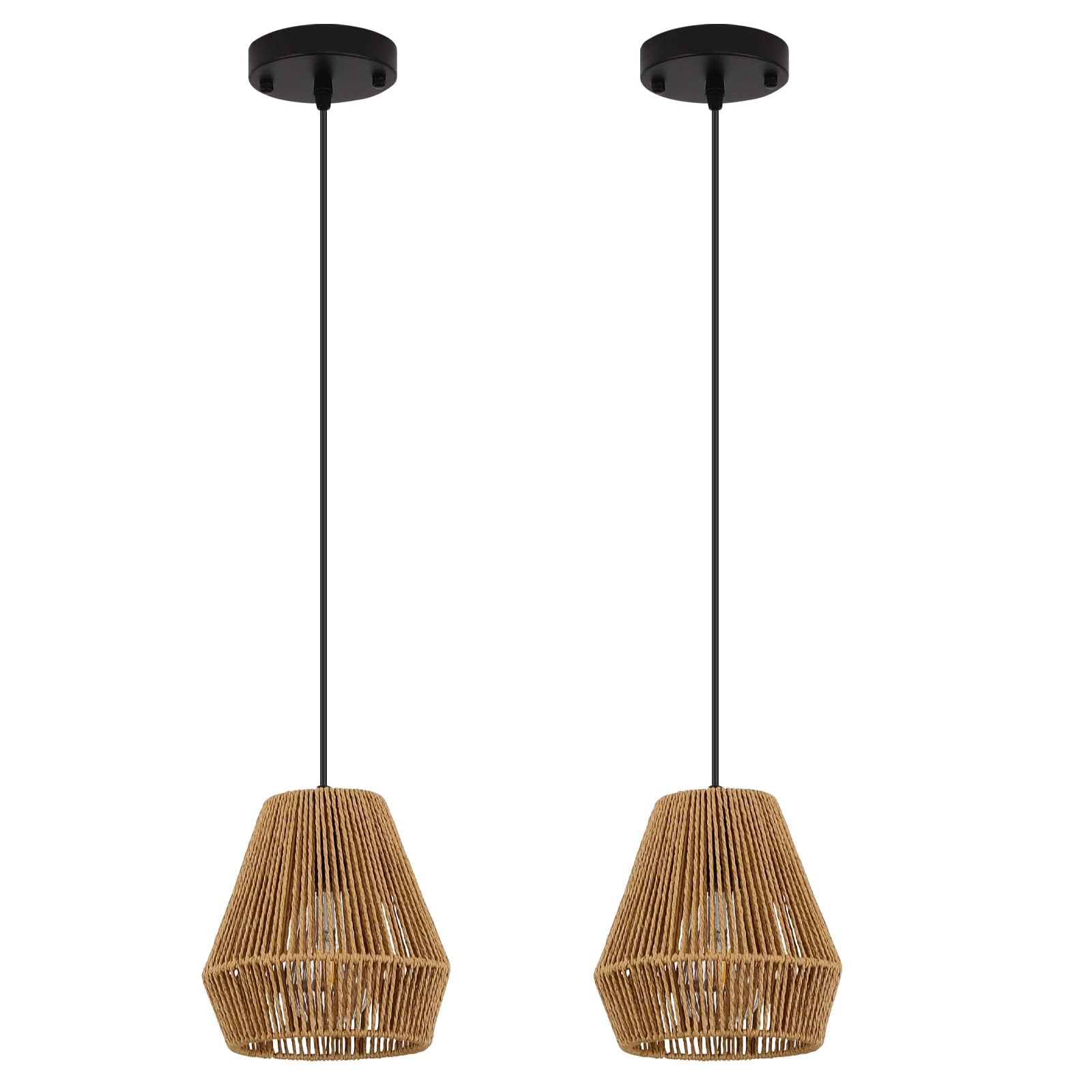 Pindodo Woven Pendant Light,7" Boho Hanging Lamp With Handwoven Rattan Lamp Shade,Coastal Farmhouse Pendant Light Fixtures For Kitchen Island Bedroom Living Room Bar Foyer Hallway,2 Pack