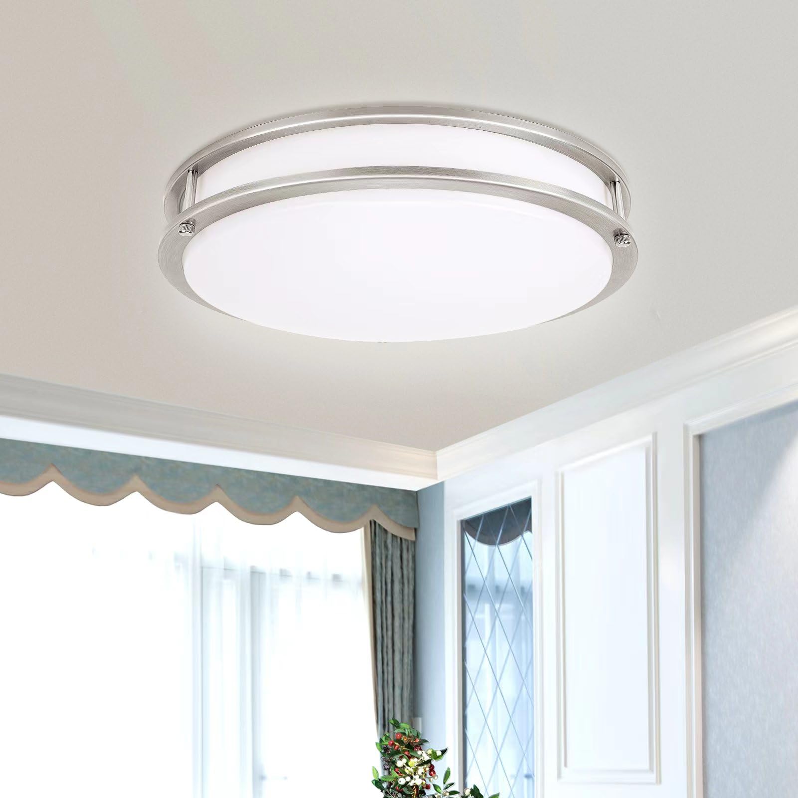 Enateclite 14Inch Double-Ring Nickel Brushed Led Ceiling Light, Flush Mount Ceiling Lighting Fixture, Super Bright 2500Lm, 26W, 