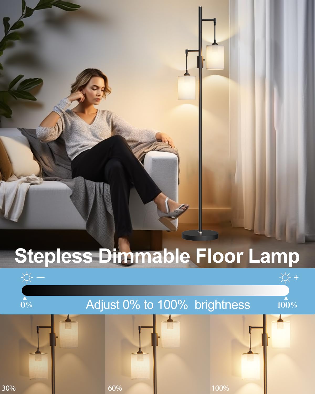 Lightdot 65In Dimmable Tree Floor Lamp Black Tall Standing Lamps With 2 E26 3000K Led Bulbs, Mid Century Modern Floor Lamp For L