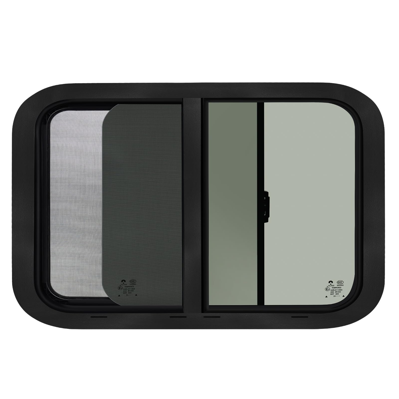 NOVINO RV Window - Horizontal Sliding Replacement for Trailer Camper, 30inW x 20inH, Black, Model NRW-005, with Screen & Trim Ring