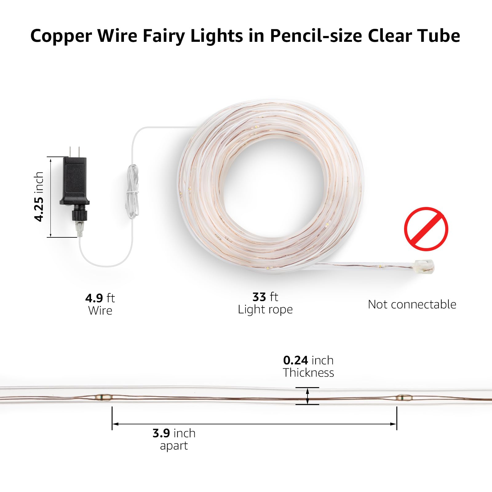 Lighting EVER 33ft Plug-in Rope Lights, 100 LED Cool White, Small Tube, Daylight White, Model EA430033-DW-US