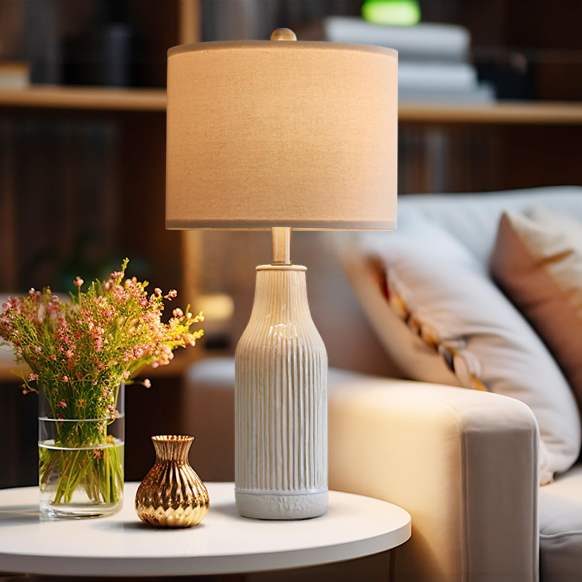 USumkky Modern Ceramic Table Lamp Set of 2, 23.75" Beige Vertical Stripe, Ideal for Living Room & Bedroom Decor