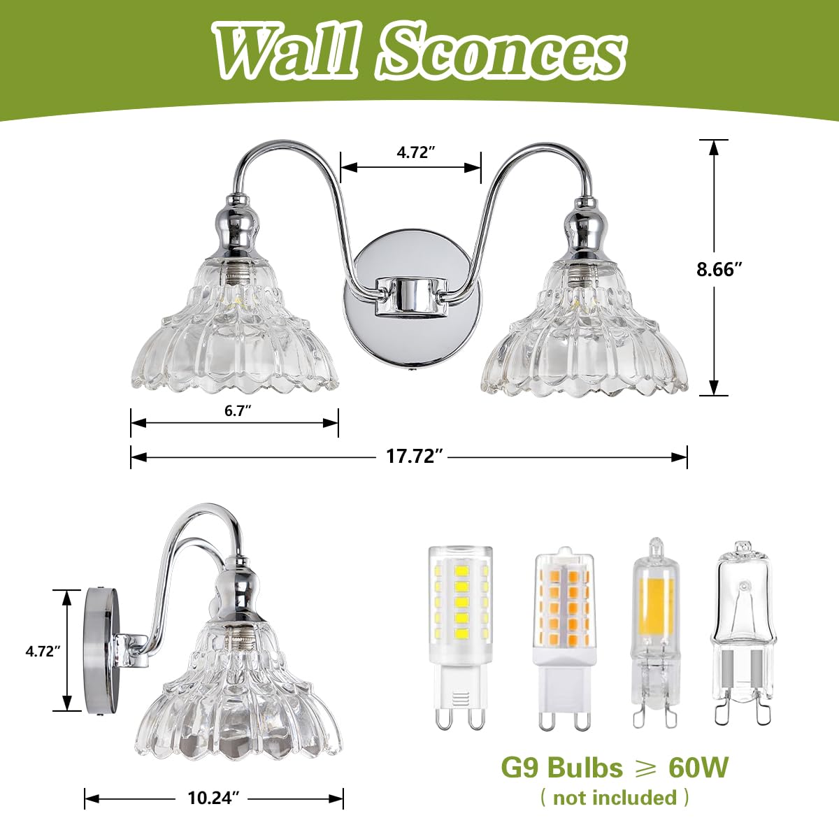 Tlolgt Chrome 2-Light Wall Sconces Bathroom Vanity Light Light Fixtures Modern Vanity Lighting Fixtures Wall Light For Bedroom Living Room Bathroom
