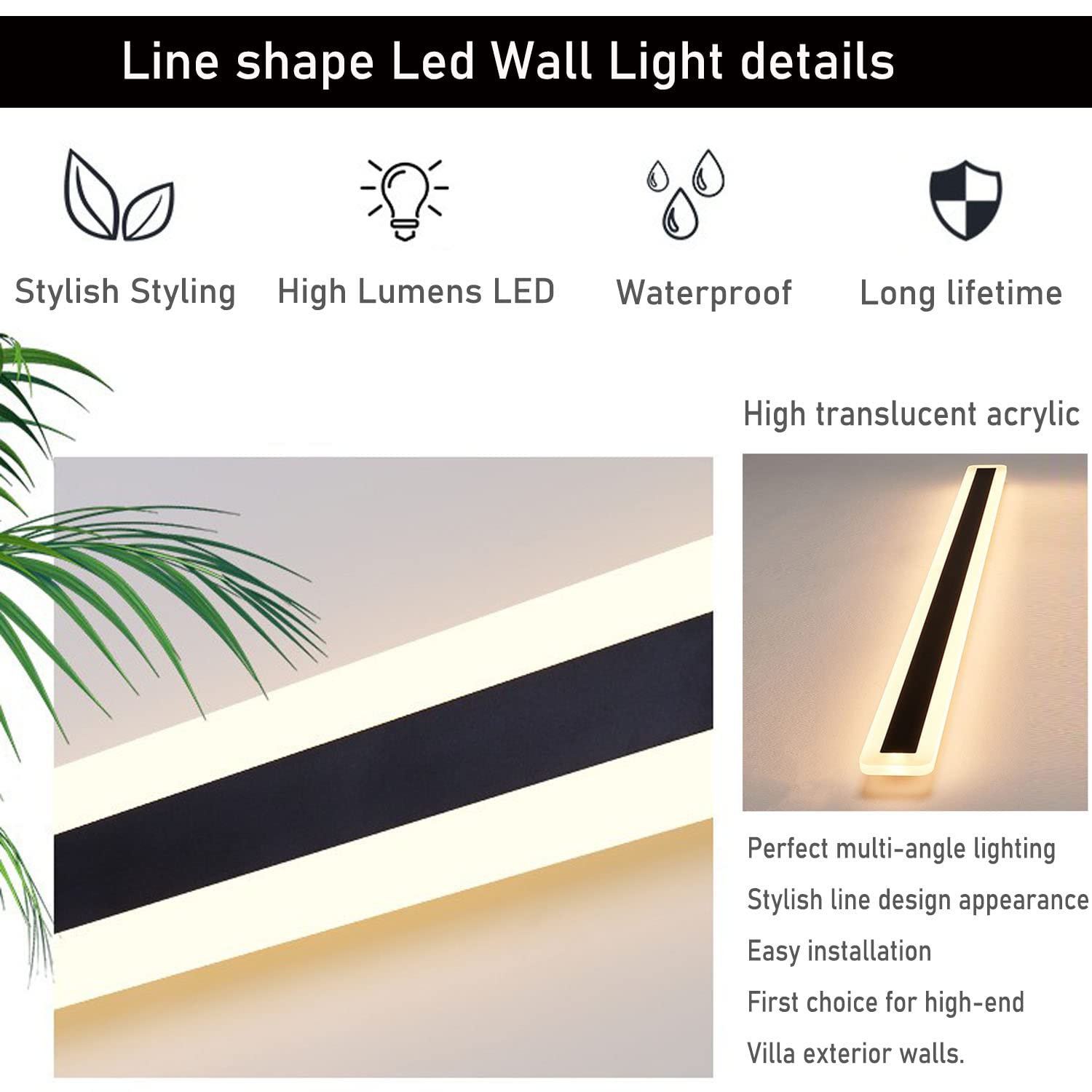 Tuord 2 Pack 23.6Inch Long Outdoor Led Wall Lights,18W Waterproof Ip65 Warm White Led Wall Light Rectangular Black Wall Light,Le