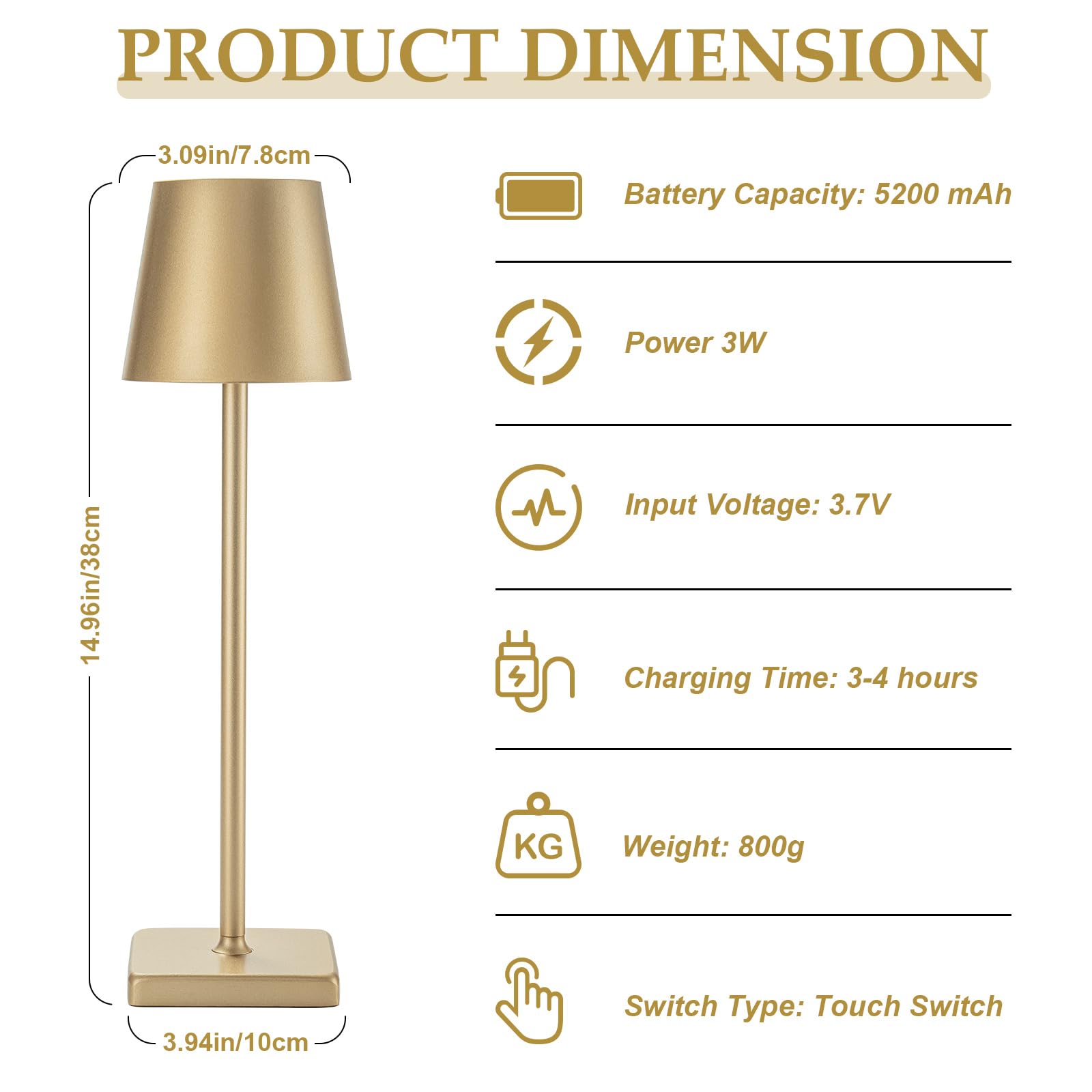 Hasun Gold Cordless Table Lamp, Aluminum Shell Led Rechargeable Desk Lamp, 3W 5200Mah Battery Operated Table Light, 3 Color Step