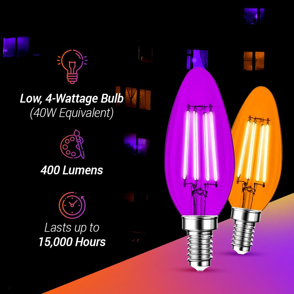 2 Pack E12 Filament LED Orange Light Bulbs – E12 Candelabra Bulb 4W 40 ...