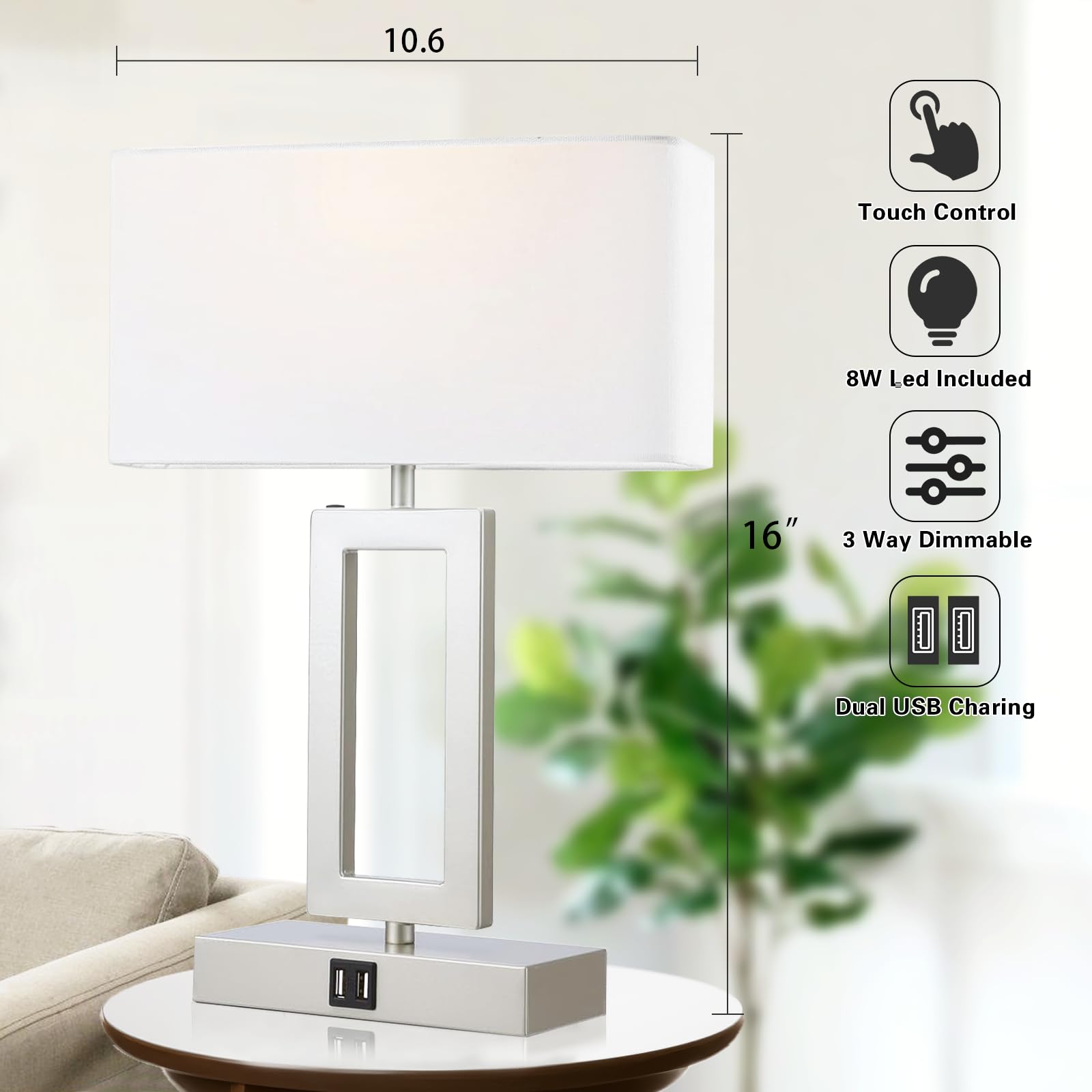 gernehop Silver Table Lamps Set of 2 - 3-Way Dimmable Touch Control, 16" Medium, USB Ports, Nightstand LED Bulbs Included