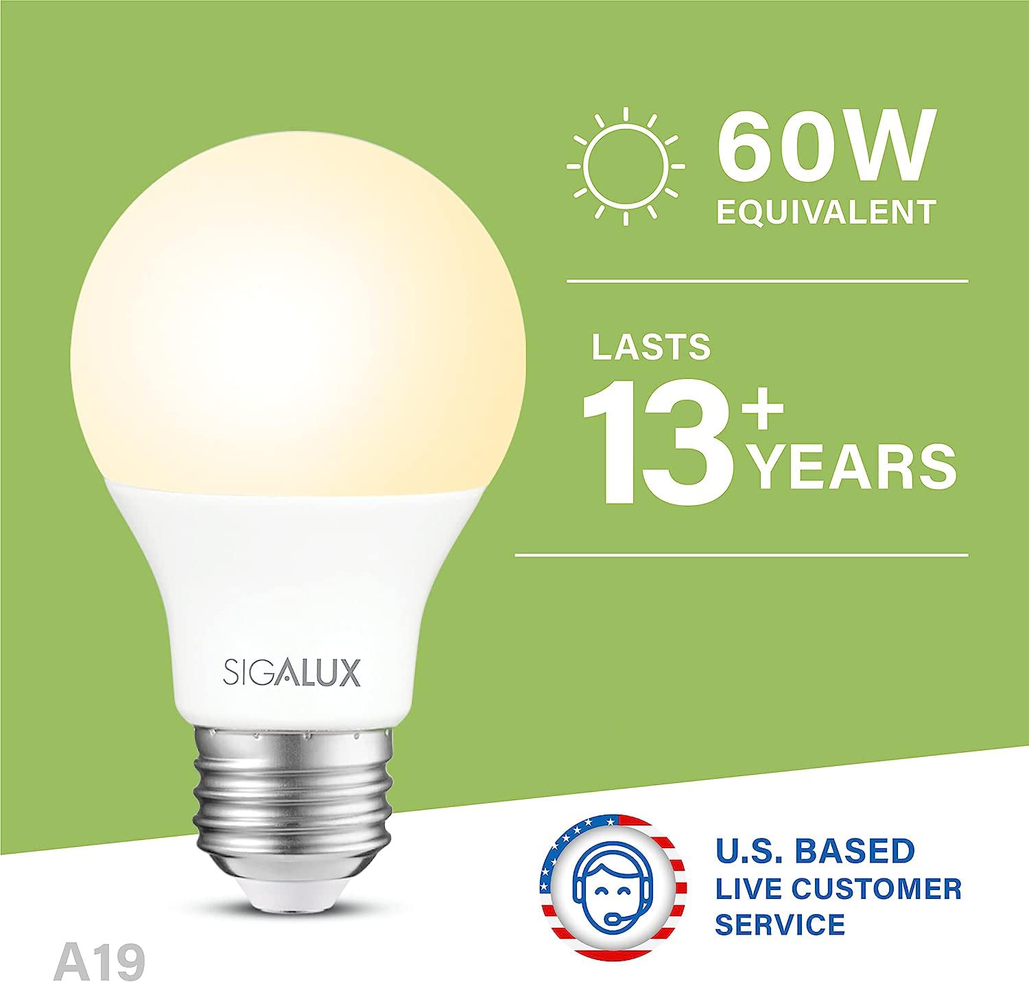 Sigalux A19 LED Light Bulb, 11.5W, Soft White 2700K, E26 Medium Base, Non-Dimmable, 10 Pack