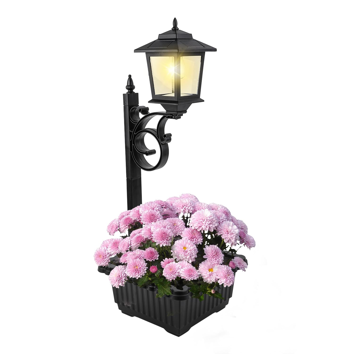SAKSIAPRO Solar Lamp Post Light with Planter, Waterproof, Wall Mount/Freestanding, Black, Model YL1002