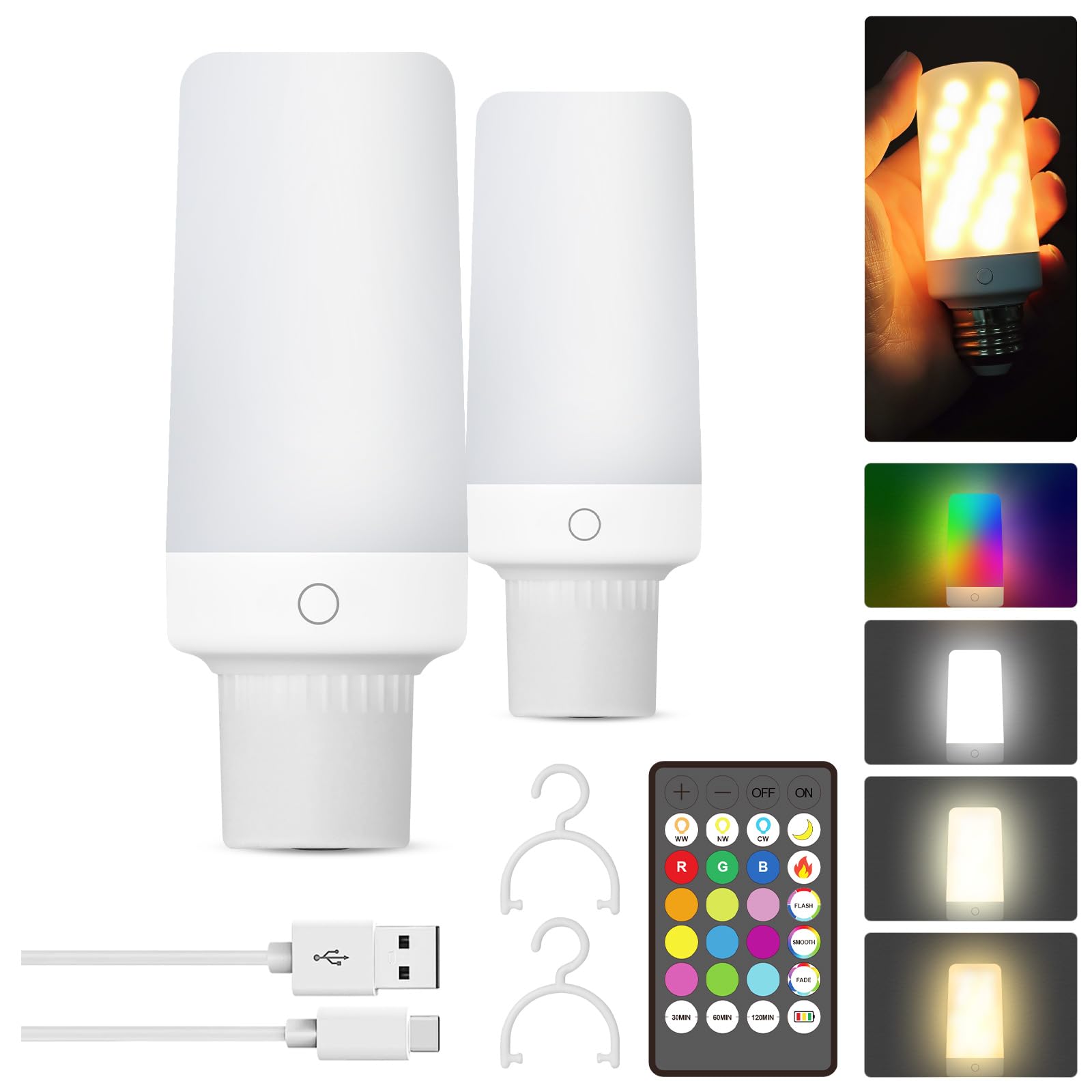 2Pk Rechargeable Light Bulbs With Remote, Emergency Battery Operated Bulbs With Dual Recharging Ways, Tuned White 12 Rgb Colors 