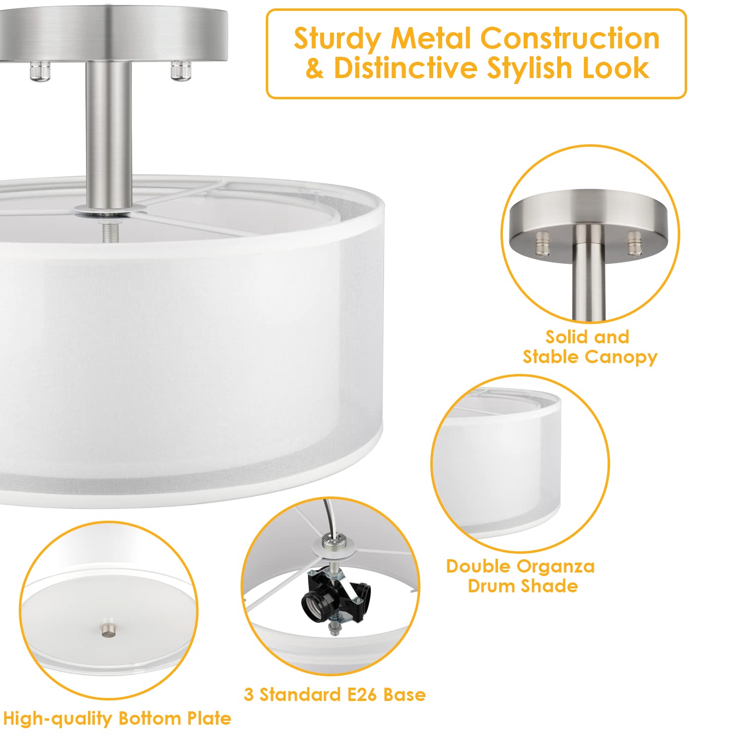 FOLKSMATE 3-Light Semi Flush Mount Ceiling Light Fixture, 14 Inch, White, Iron & Fabric, Model d504a98d-cdad-454a-bfd5-dec0