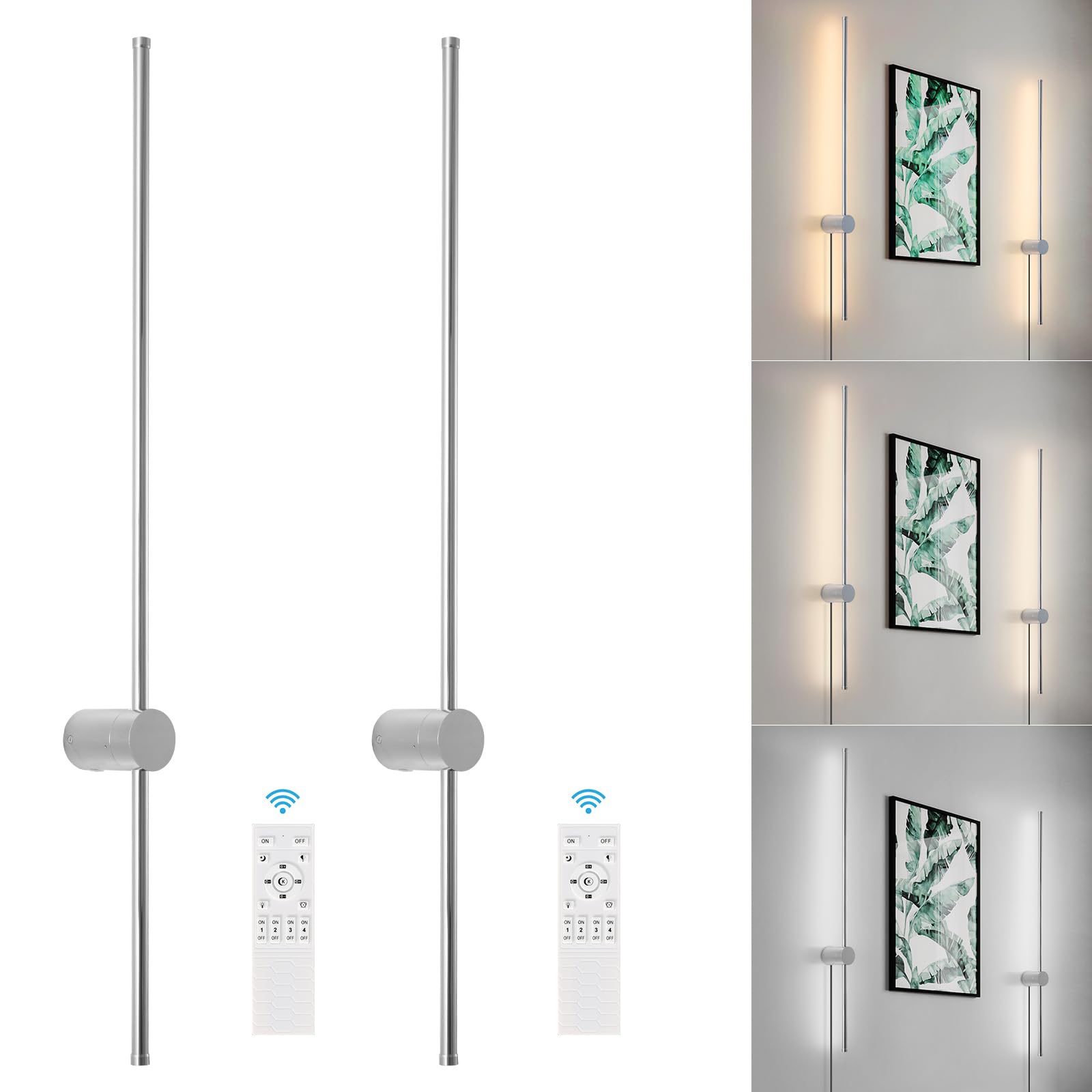 Keluoly Dimmable Plug In Wall Sconce Set Of 2, Chrome 39.37" Led Wall Light With Remote, Adjustable Color Temperature Brightness Wall Lamp With Timer For Living Room,Bedroom And Accent Lighting