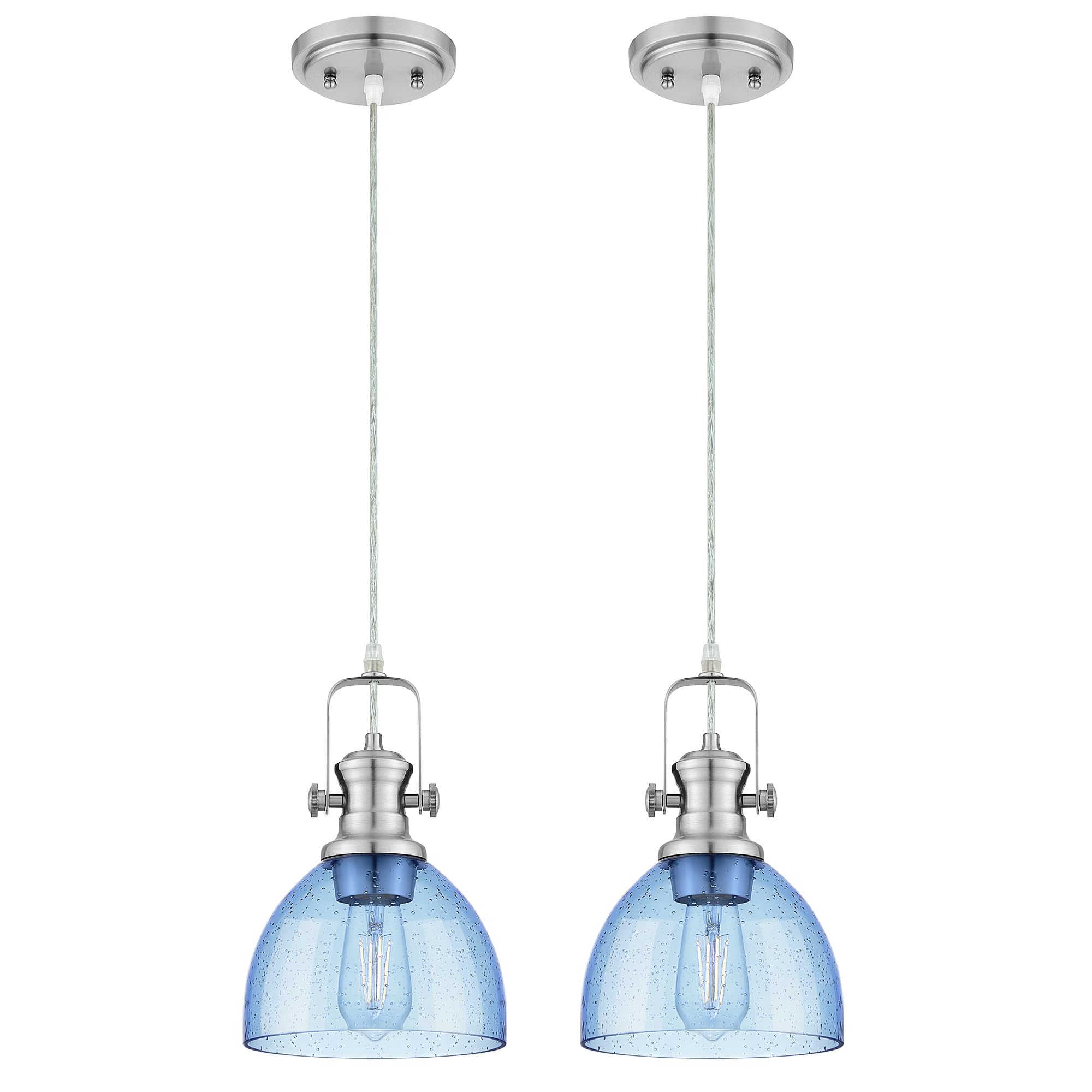 Audickic 2 Pack Pendant Lights Kitchen Island  7.5 Farmhouse Pendant Lighting with Blue Seeded Glass Shade  Vintage Hanging Light Fixtures for Dining Room  Brushed Nickel Finish  AD-22151-1P2-SN-BL