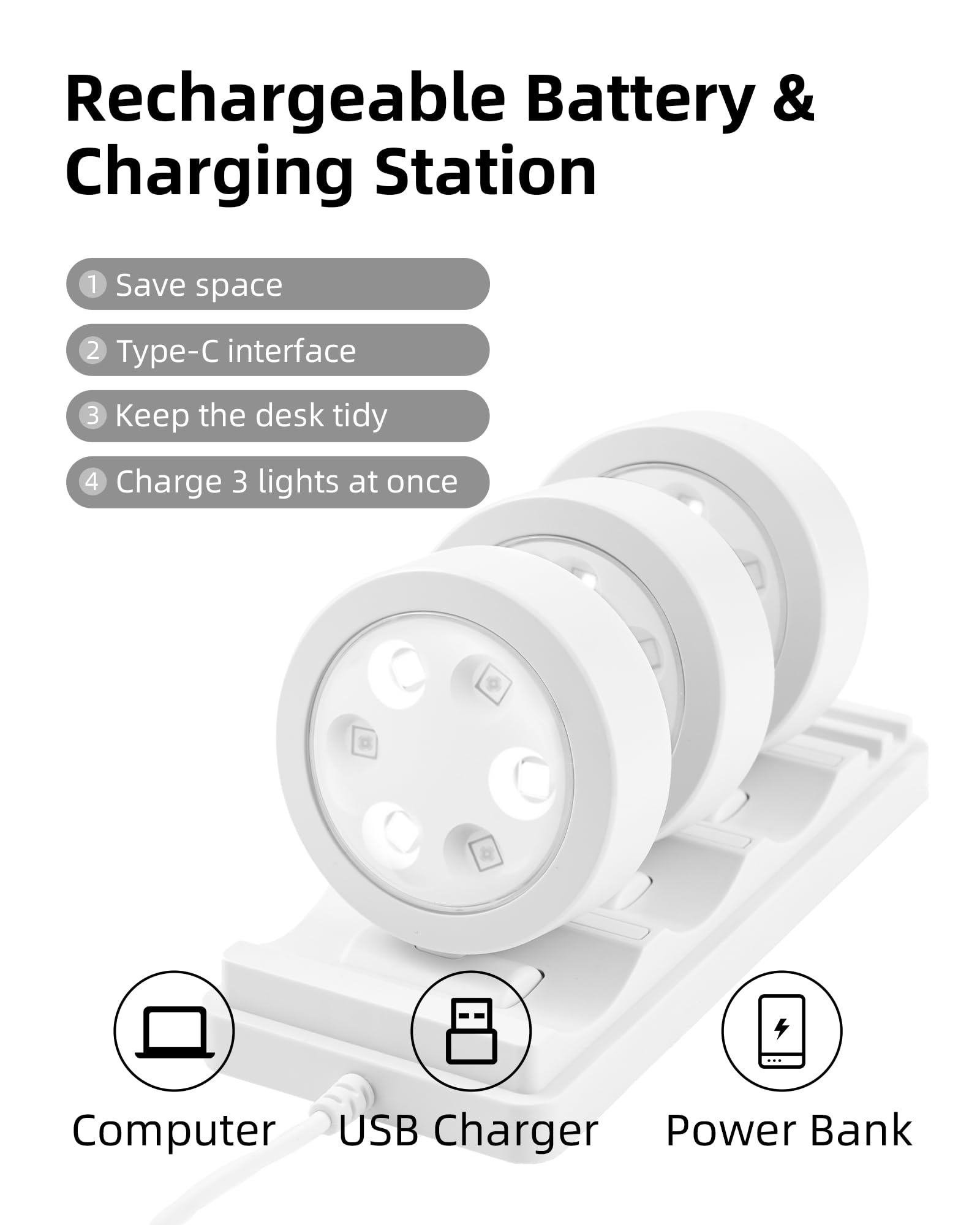 EZVALO Picture Lights for Wall, Rechargeable Magnetic Poster Lights, 3 Color Temps, 6 Pack with Charging Station, White, Model LT-02