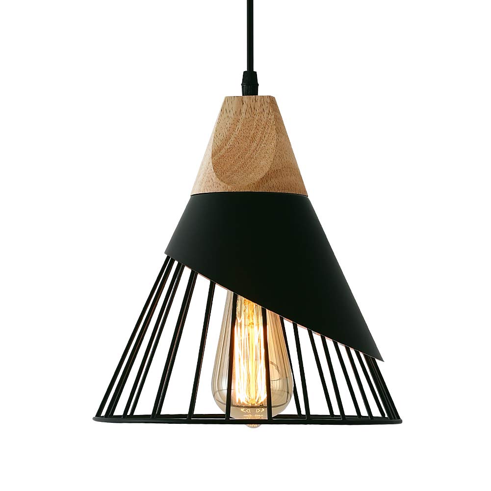 Mxsaoud Modern Black Pendant Light Fixture, Adjustable Wood, Industrial Design for Kitchen, Dining Room, Living Room, Model MX-CAOMAO-FBA-US