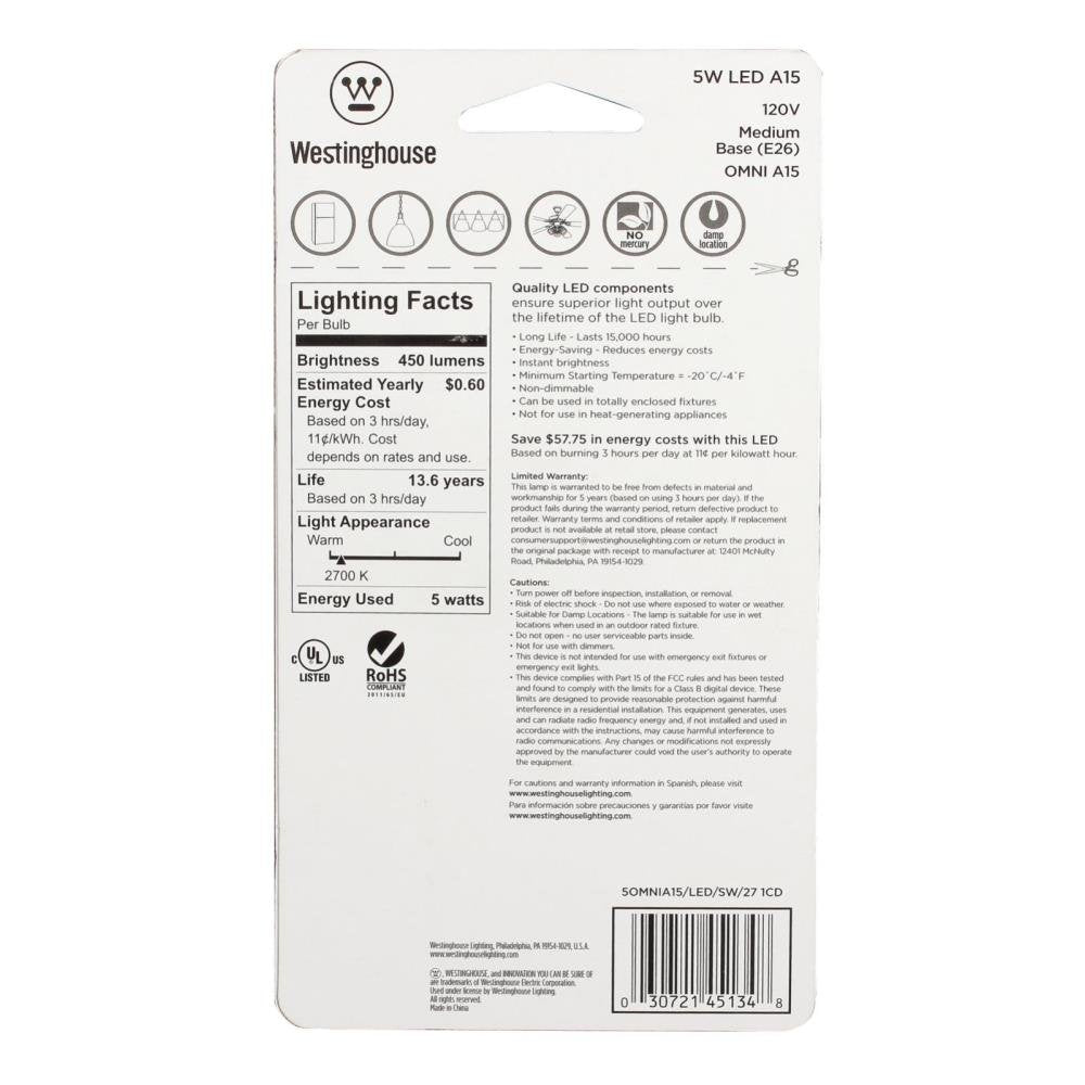 Westinghouse 4513400 40-Watt Equivalent A15 Soft White Led Light Bulb With Medium Base, 1 Count (Pack Of 1)