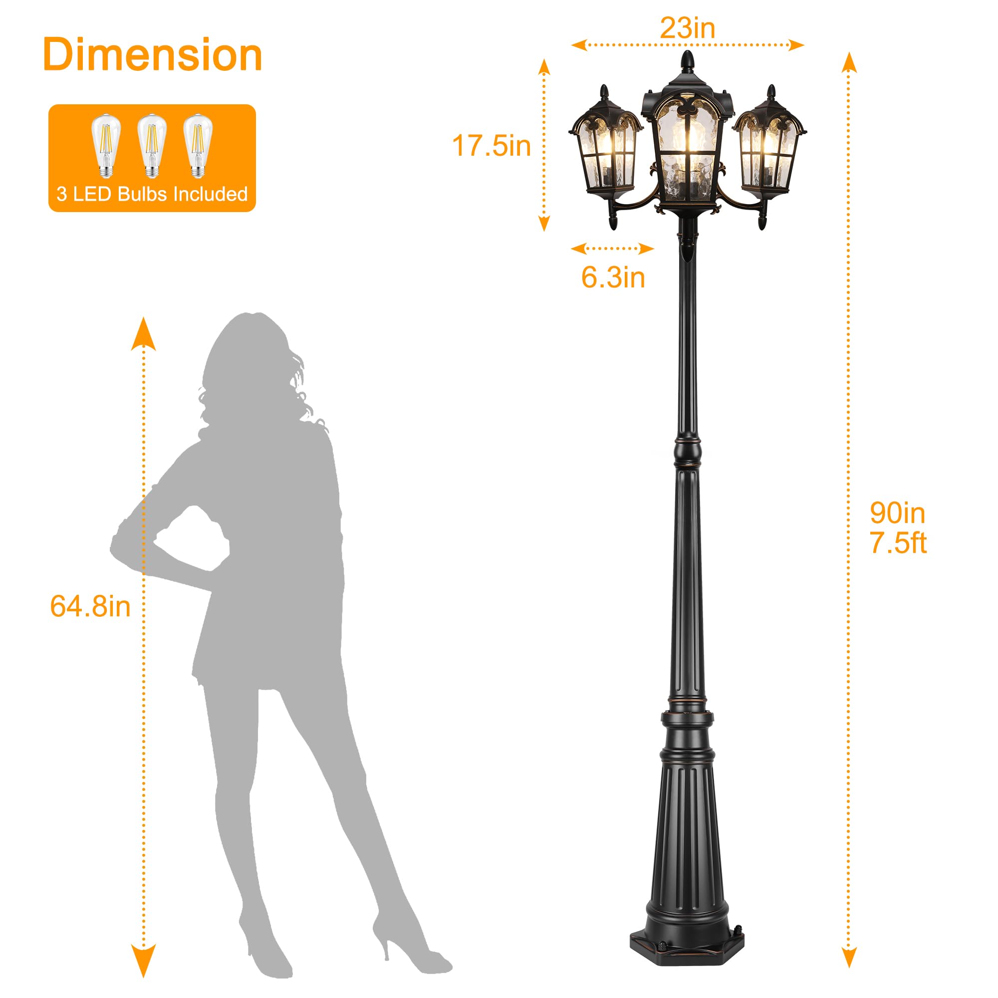 Partphoner Triple Head Black Aluminum Outdoor Lamp Post - Waterproof Garden Light Fixture