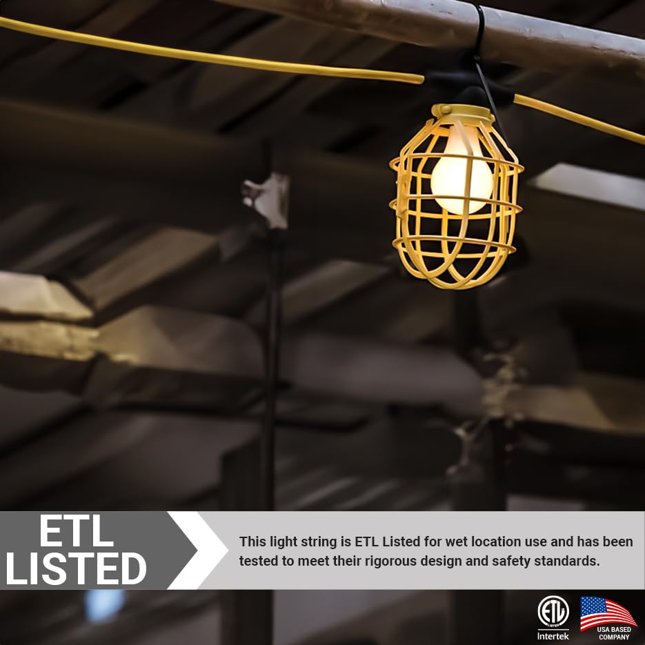 Sunlite Construction Cage String Lights, 50ft, 5 E26 Sockets, 75W Max, PVC, Yellow, Model EX50-14/2/SL, Indoor/Outdoor