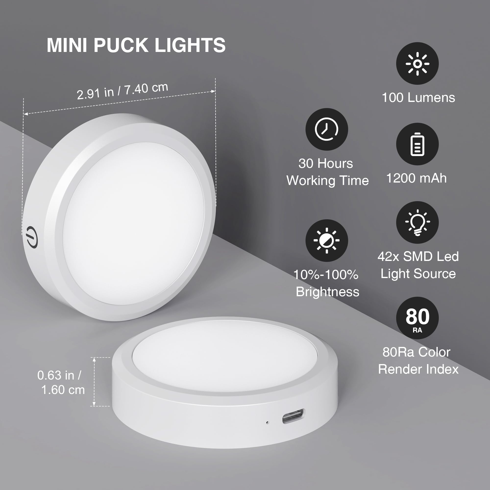 MICLIONLED Rechargeable Puck Lights with Remote Control, 3 Color Temperatures, White, 2 Pack, Model M3-G17, Plastic Material