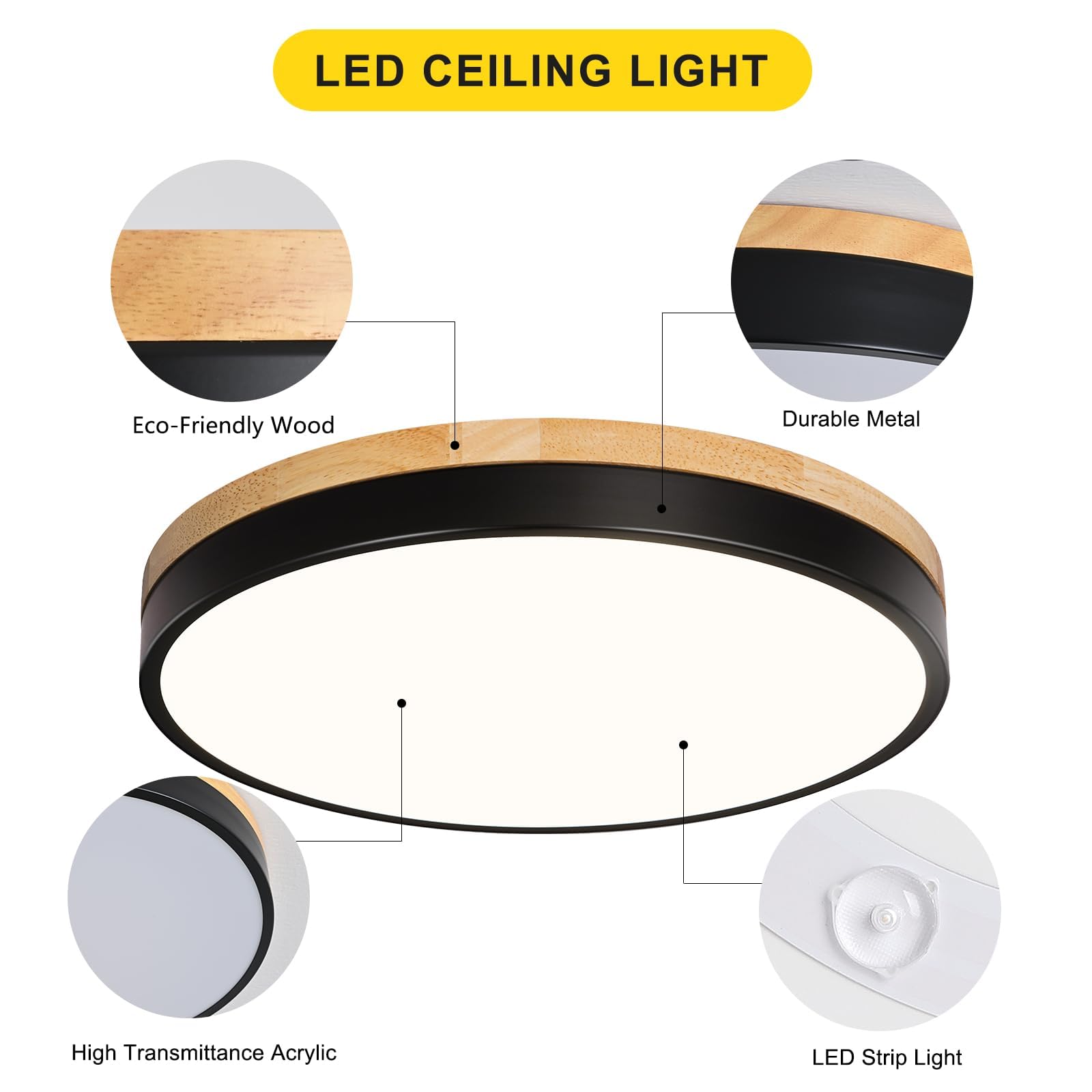VIOLOEMI Modern Wood Ceiling Light, Round LED Flush Mount, Black, Metal, 11.81 Inch, Model VL23323001
