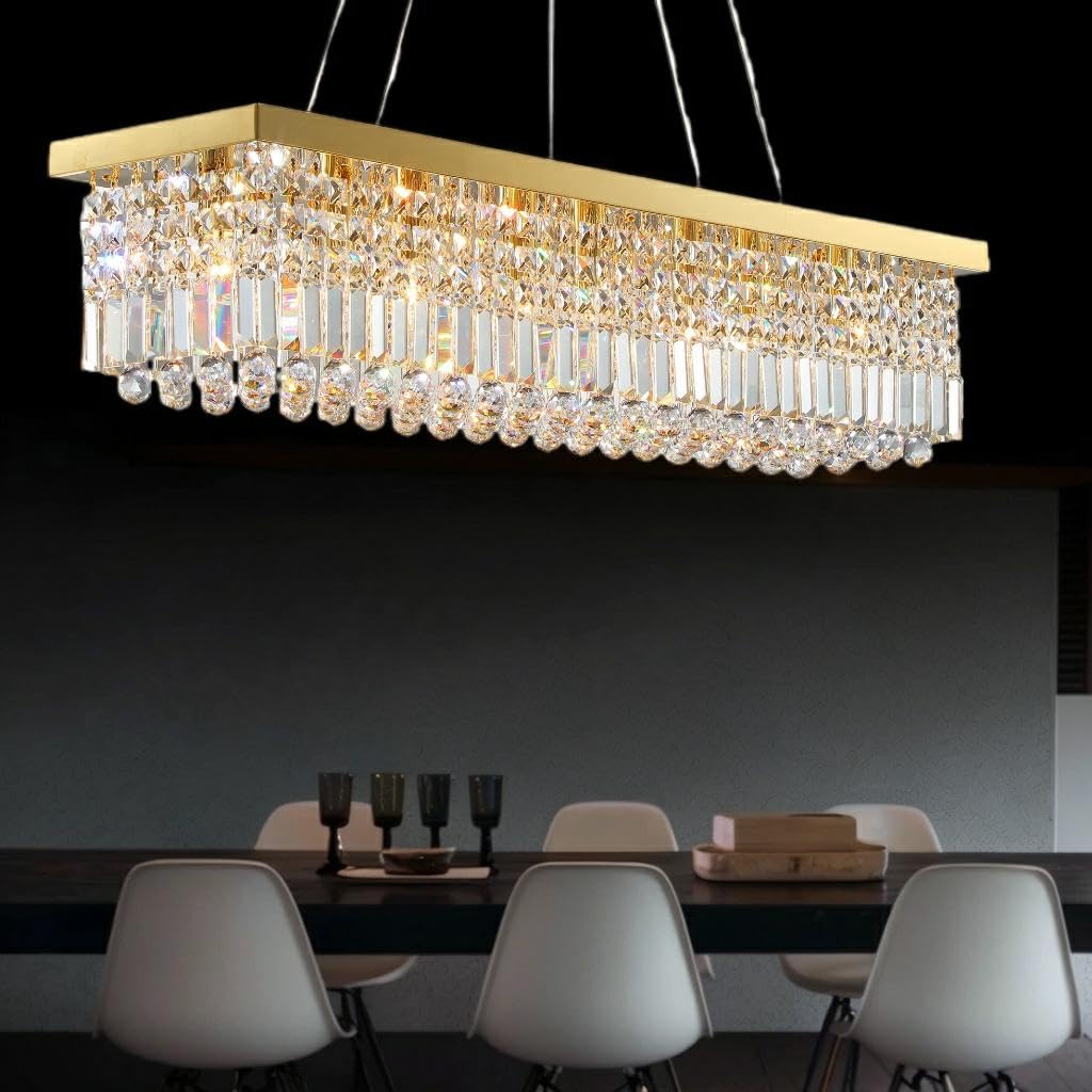 Tinkoso Modern Crystal Chandelier For Dining Room 8-Light Gold Rectangle Chandeliers K9 Crystal Ceiling Light Fixture Hanging Pe