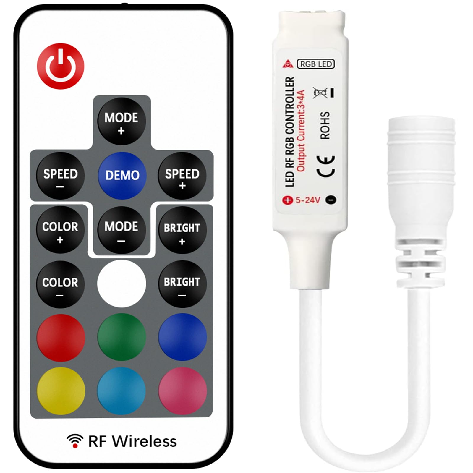 VIPMOON 17-Key RF Wireless Remote LED Controller, DC 5V-24V, 12A Mini RGB Controller, Model MT-RF11K6A