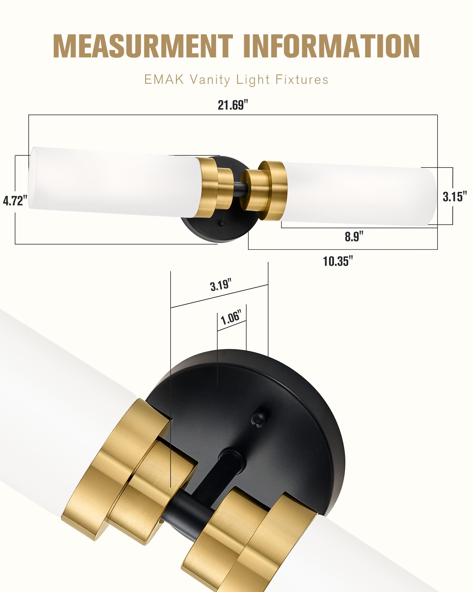 Emak 22-Inch Modern Bathroom Light Fixtures, Black Gold & Milk Glass, 2-Light Wall Sconce, Model VL085-BKBGD-ML-2