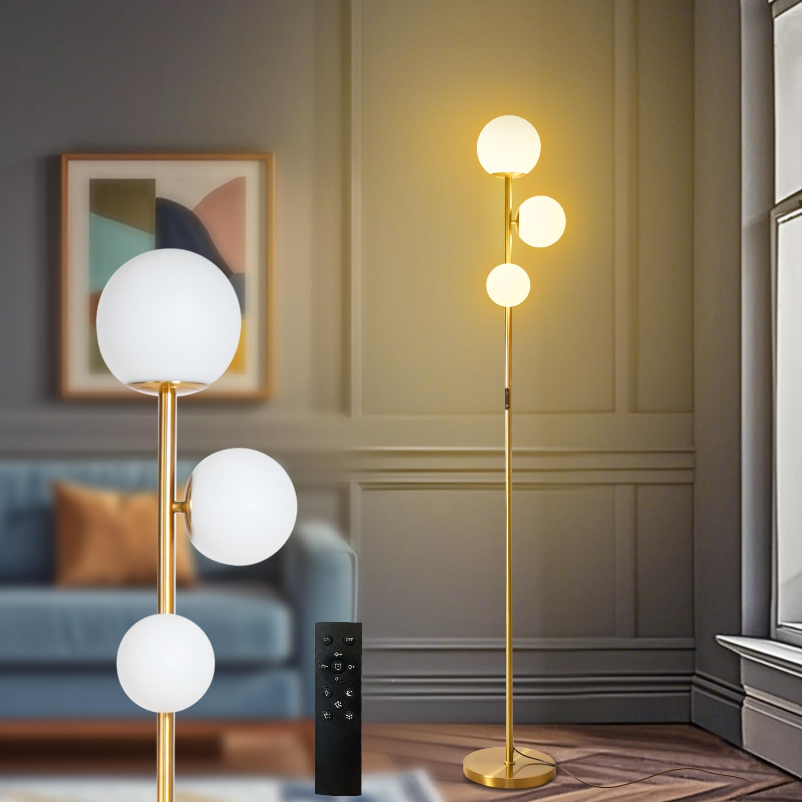 ShineMuse Mid Century Floor Lamp, Dimmable LED, Touch Control, 3 Globe, Gold-3, Model FL004