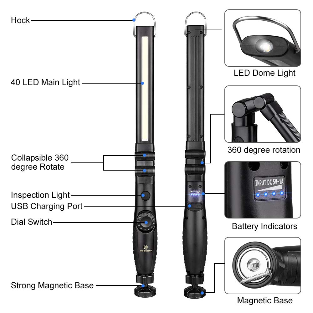 ORHOMELIFE Rechargeable LED Work Light - 750 Lumens, Foldable, Magnetic Base, 360° Rotate, Handheld, Black, Model ORM017-UK