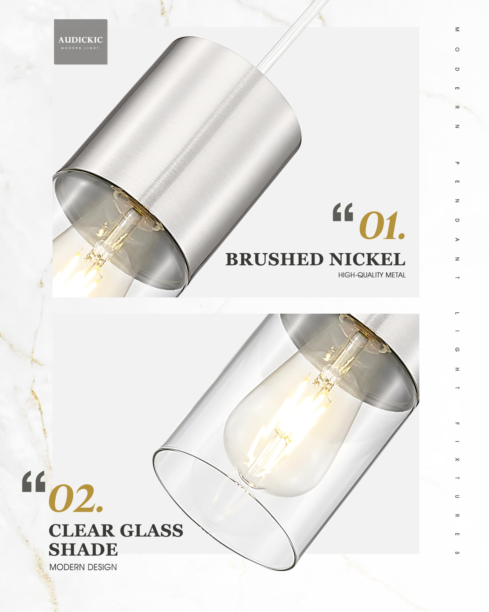 Audickic Pendant Lights Kitchen Island  Brushed Nickel Hanging Lights Fixtures With Cylinder Clear Glass  Modern Kitchen Pendant Lighting Over Island For Dining Room  Ad-24023-1P-Sn