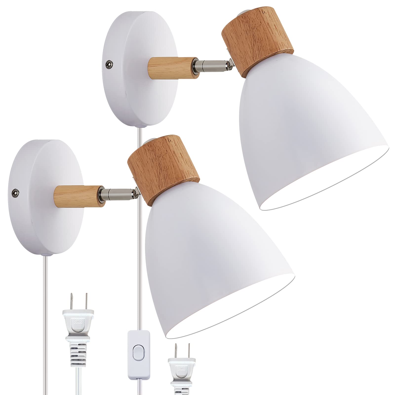 Eyooer Wall Sconces Plug In, Swing Arm Wall Lamp With Power Cord, White Plug In Wall Lighting Fixtures Set Of Two, Bedside Wall Mounted Reading Lamp With Switch, For Bedside Bedroom Hallway