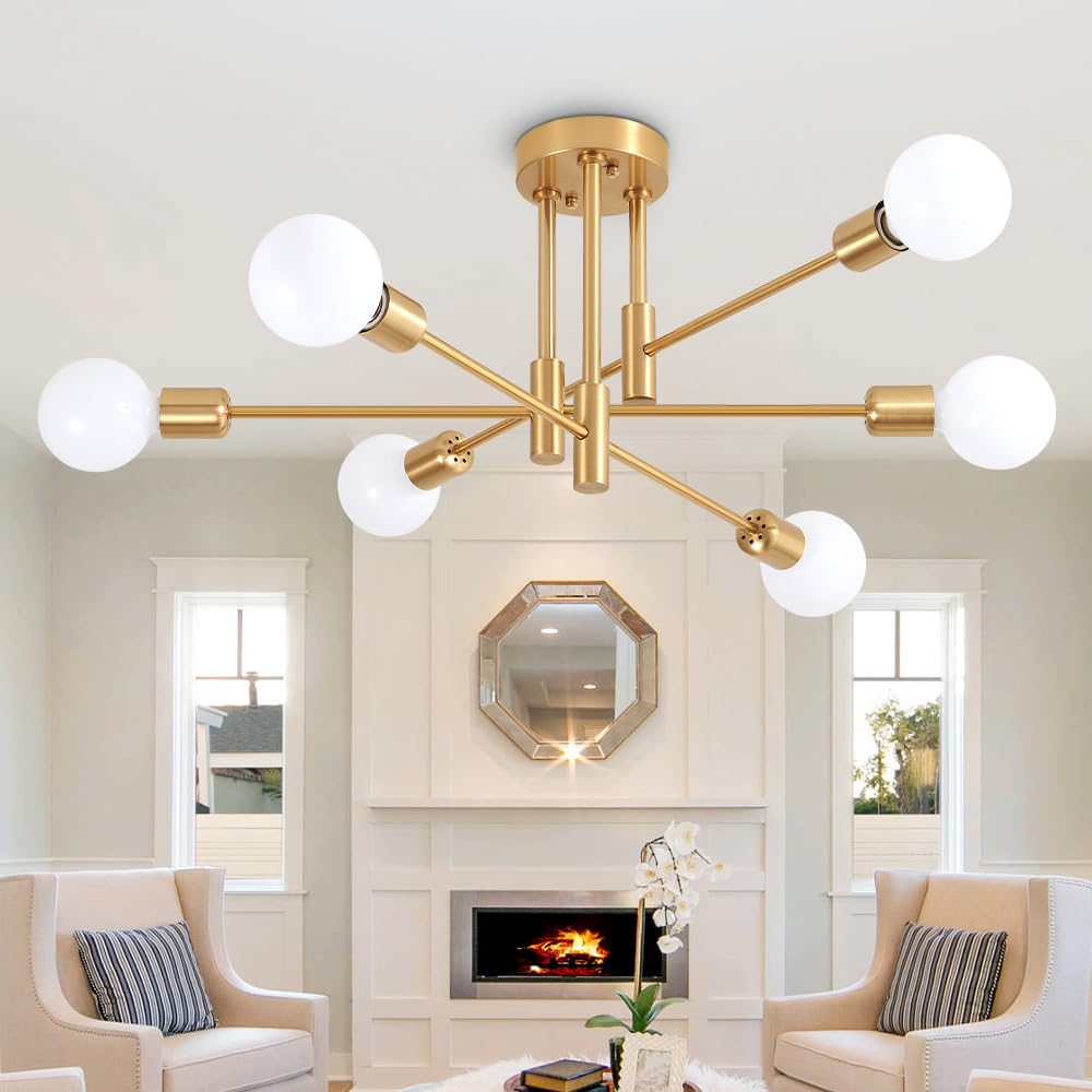 Biewalk 6-Light Sputnik Chandelier Ceiling Light Fixture, Gold and Black, Model gold8003, Modern Design for Dining Room and Kitchen