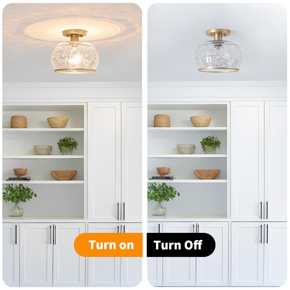 Oiyio Gold Semi-Flush Mount Ceiling Light With Globe Glass - Vintage Ceiling Lighting For Hallway, Kitchen, Entryway, Bathroom &