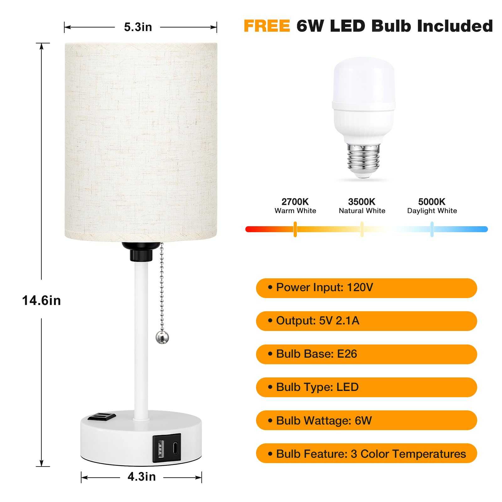 Small Bedside Lamp For Bedroom Nightstand - 2700K 3500K 5000K Bedside Lamps With Usb C And A Ports, Pull Chain Table Lamps With Ac Outlet, Nightstand Lamps With White Metal Base For Kids Reading