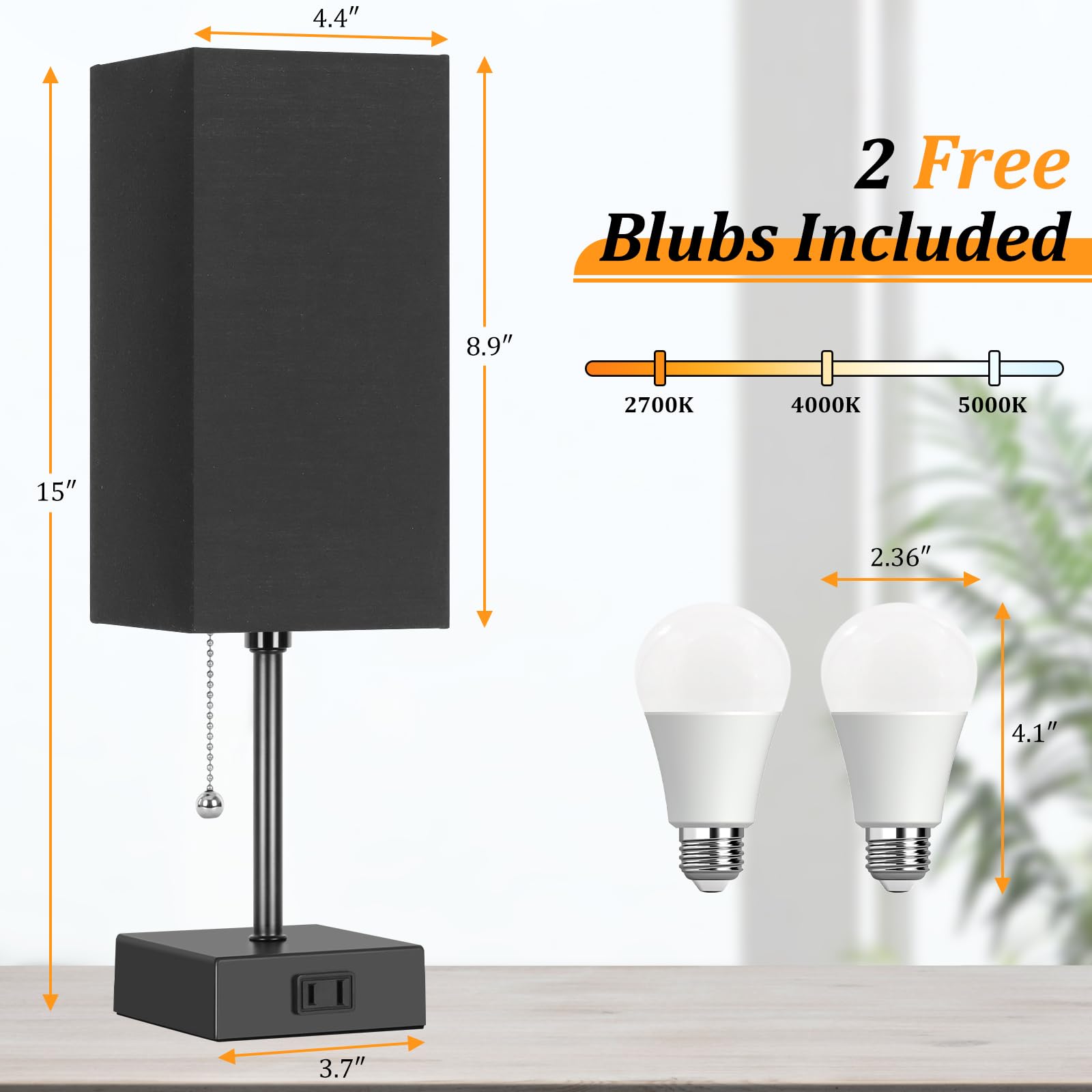 Table Lamp For Bedroom Set Of 2,3-Color Bedside Lamps With Pull Chain Table Lamps For Nightstand With Ac Outlets, Night Light La
