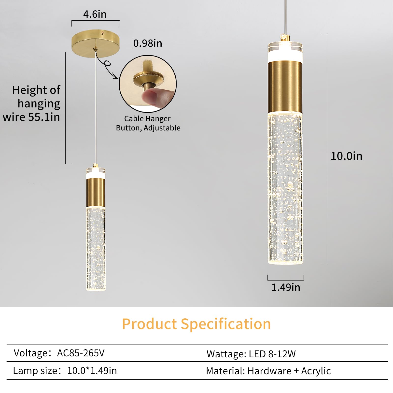 Modern Kitchen Island Pendant Lights  Gold Bubble Crystal Ceiling Hanging Light  3 Color 2700K/4500K/6500K  Mini Linear Led Chandelier Lighting For Dining Room  Bedroom  Bar  Hallway  Bedside