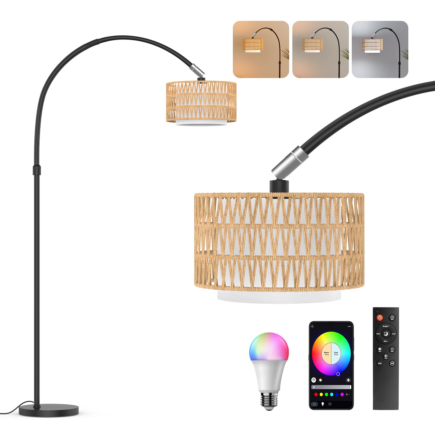 Lumenfox Arc Floor Lamp with Remote Control, Dimmable LED, 3 Color Temperatures, Black and Brown, Model LF-FRL03-A-1P