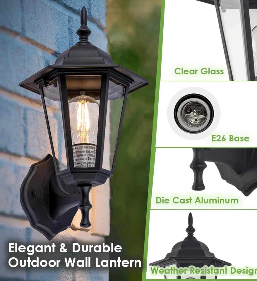 GRUENLICH Outdoor Wall Lantern Sconce, Aluminum, Black, 14 Inch, E26 Medium Base, Waterproof, 2 Pack, Model GR-WL003-BK-2PK