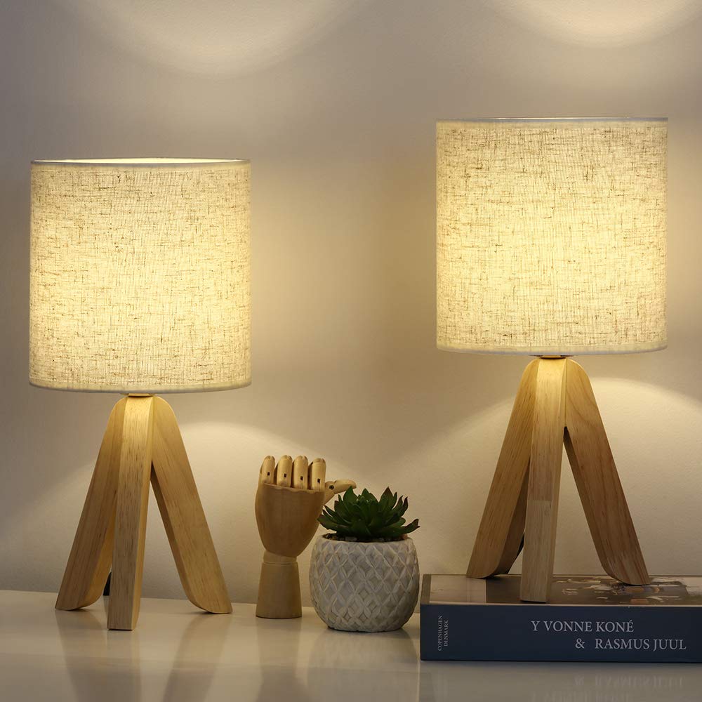Haitral Small Wooden Tripod Table Lamps Set Of 2 With Linen Shades For Bedroom & Living Room