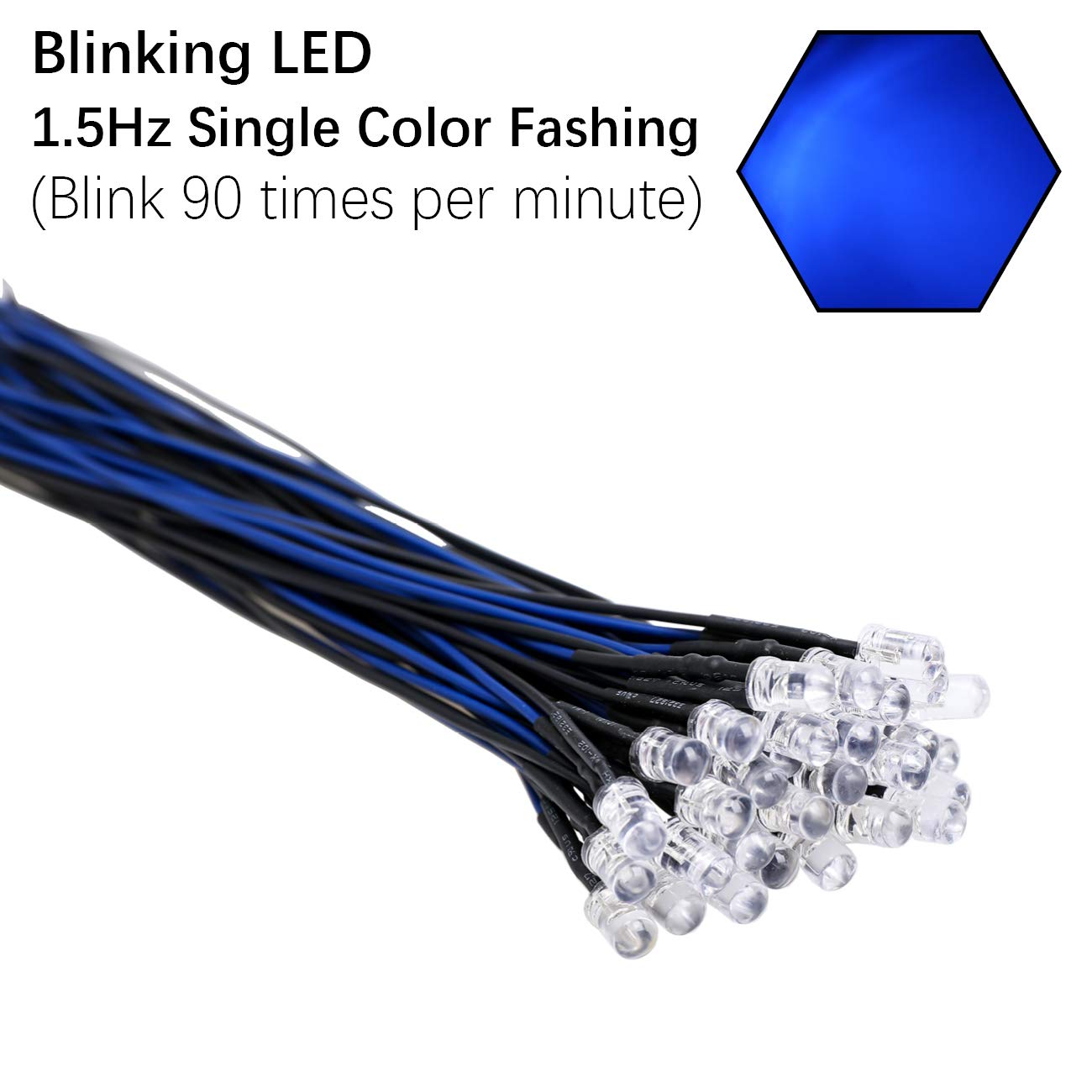 Edgelec 30Pcs 12 Volt 5Mm Blue Blinking Led Lights Emitting Diodes (1.5Hz Single Color Flashing) Pre Wired 7.9 Inch Dc 12V Led Light Clear Lens Small Led Lamps