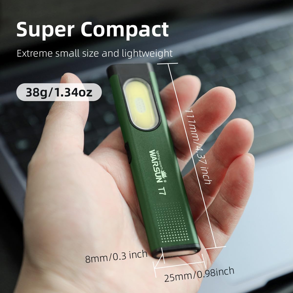 WARSUN Compact Pocket LED Flashlight - 675LM, USB-C Rechargeable, IPX4, T7 Model, Green-1Pcs