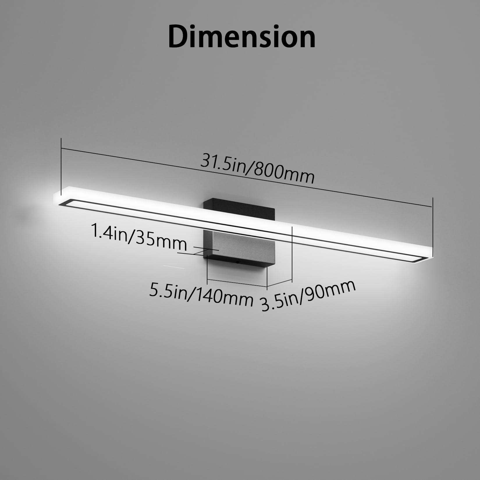 lundwa 31.5in Black LED Bathroom Vanity Light Bar, 24W Modern Fixture, Cool White 6000K, Model JS6181, Stainless Steel