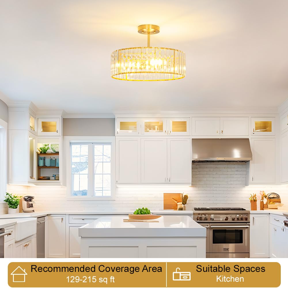 Modern Crystal Ceiling Light Fixture  Semi Flush Mount Ceiling Light  Brushed Brass Hallway Lighting Fixtures Chandelier  Crystal Chandelier For Kitchen Bedroom Dining Room Closet  5-Light  16 Inch