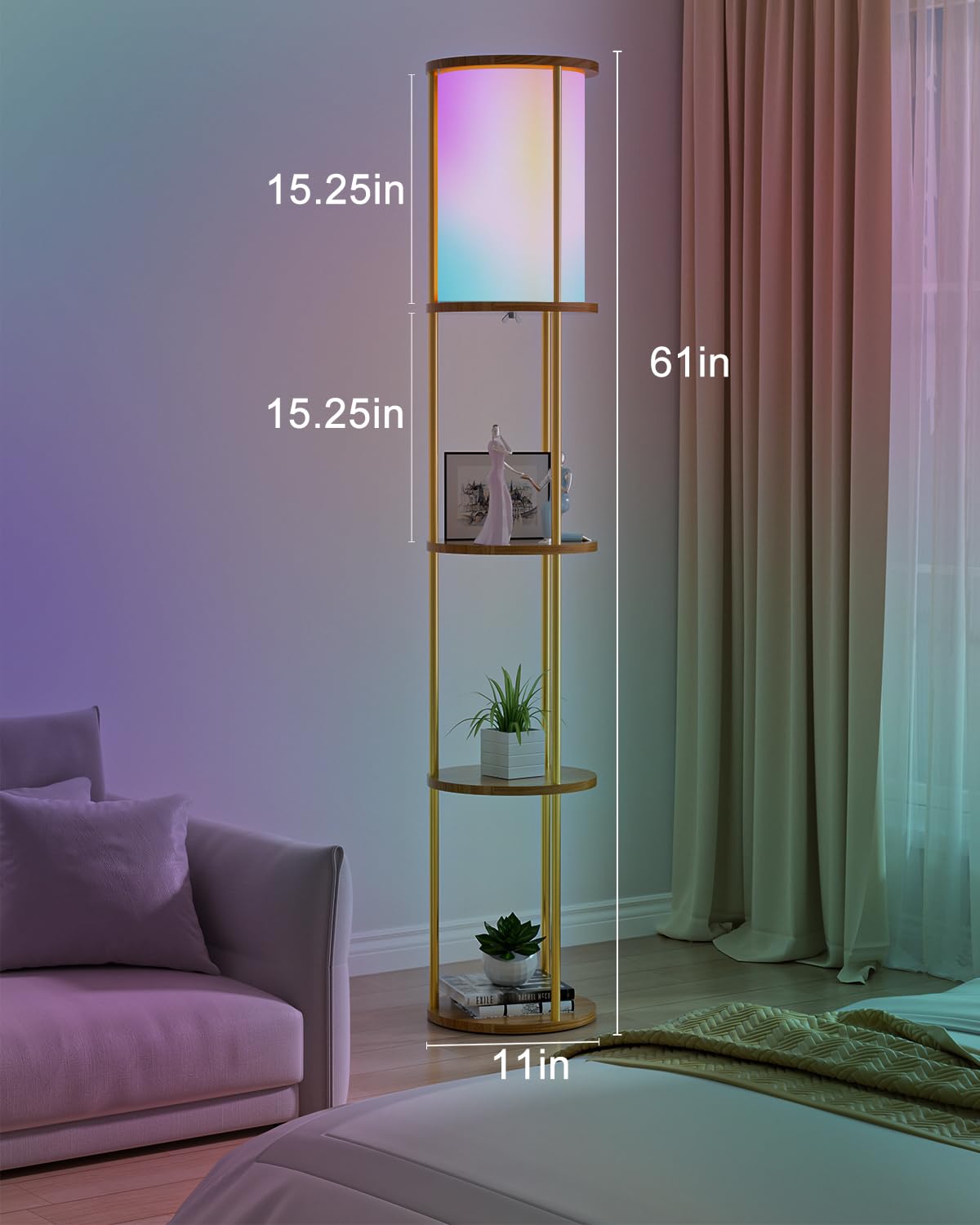 Lightdot 61 RGB Floor Lamp with Shelves - 3-Tier Storage Smart Remote Control Standing Lamp with Fabric Lampshade, E26 Bulb Incl