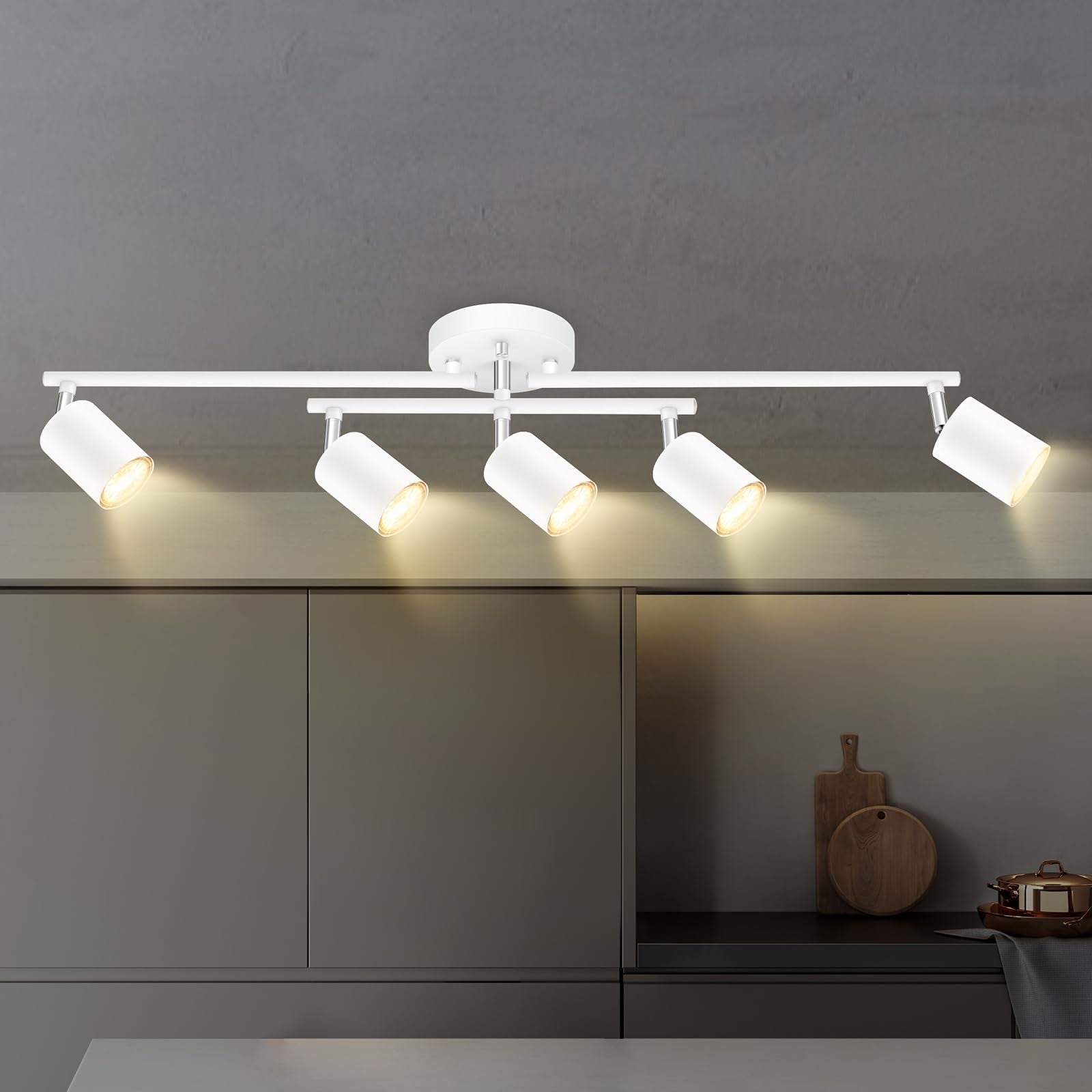 White Track Lighting Kitchen, 5 Way Modern Flexible Spot Ceiling Kit, Industrial LED Lights for Room Hallway Bedroom(GU10 Socket