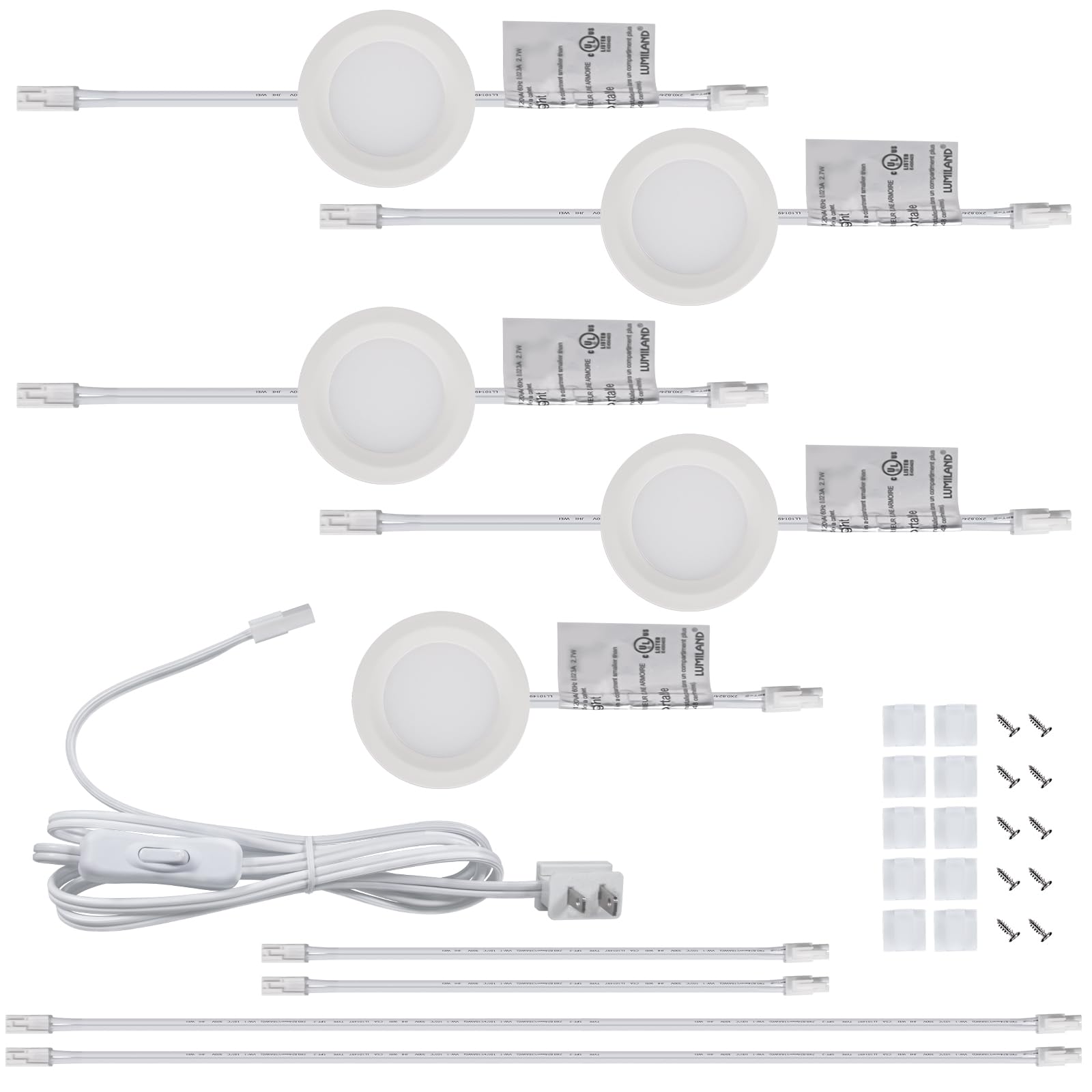 LUMILAND Wired LED Puck Lights - Warm White (3000K), Surface/Recess Mount, Polycarbonate, White, Model GD1102-05, 5 Pack